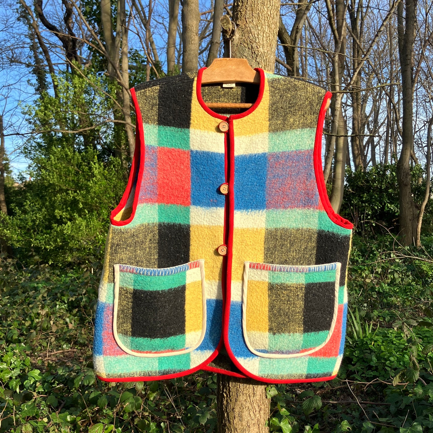 Multicoloured check recycled blanket vest