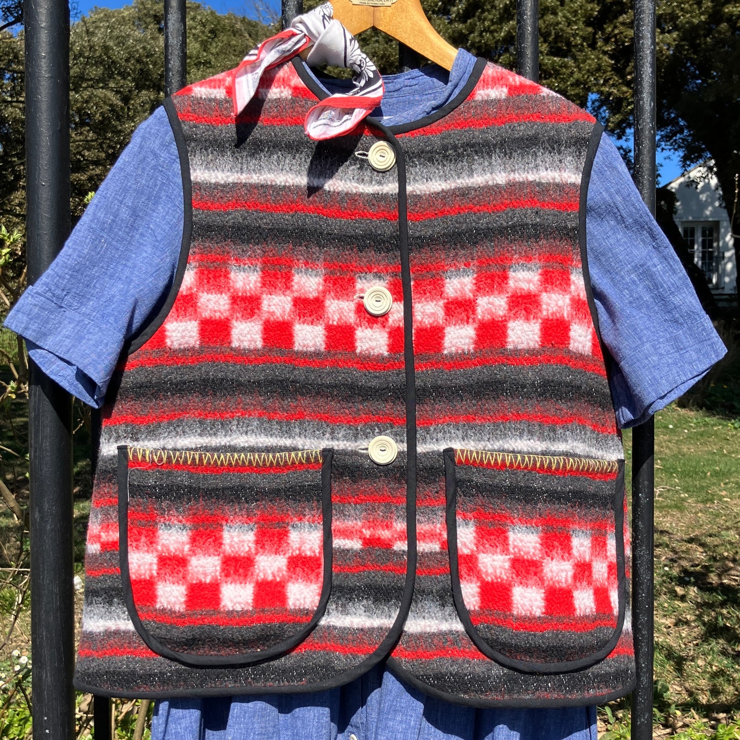 Cosy vest made from a fab vintage checkerboard woolly blanket.