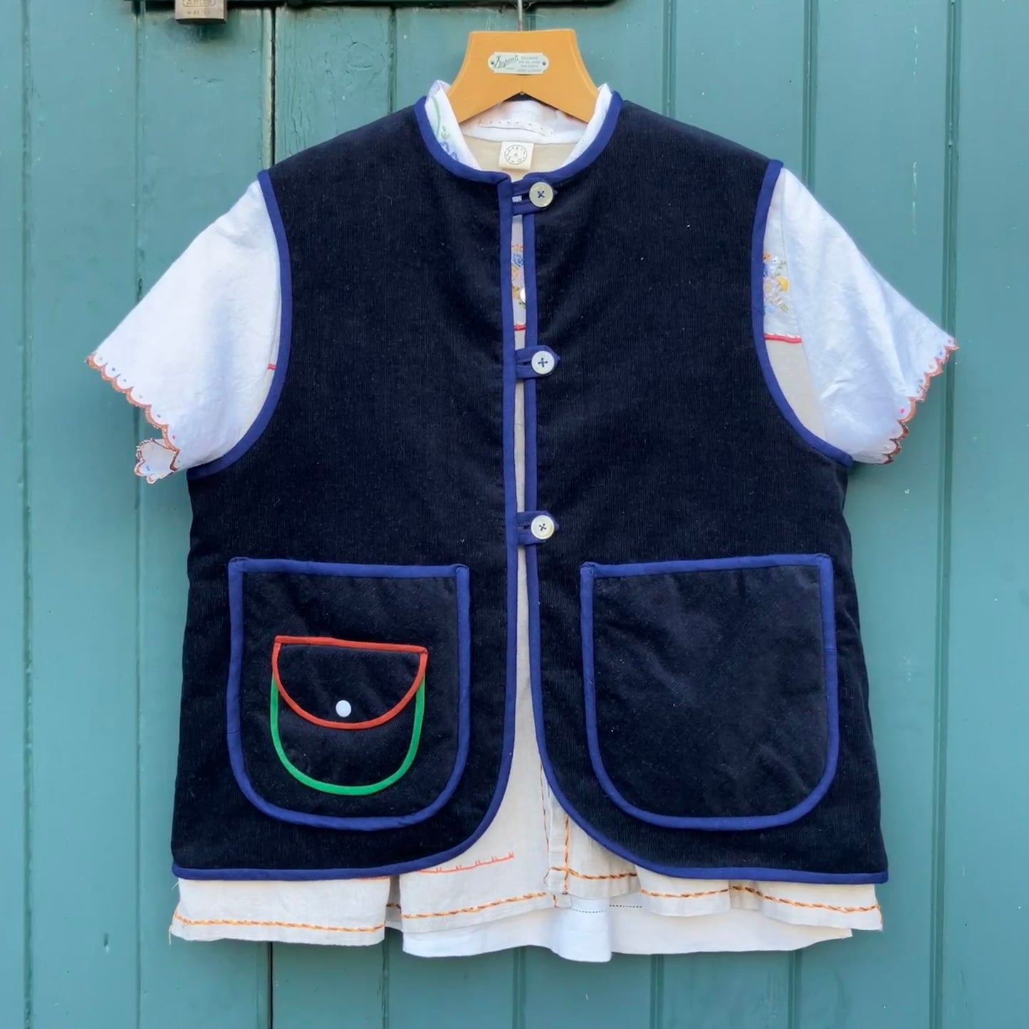 Vest/waistcoat made from reclaimed offcuts of navy blue corduroy,