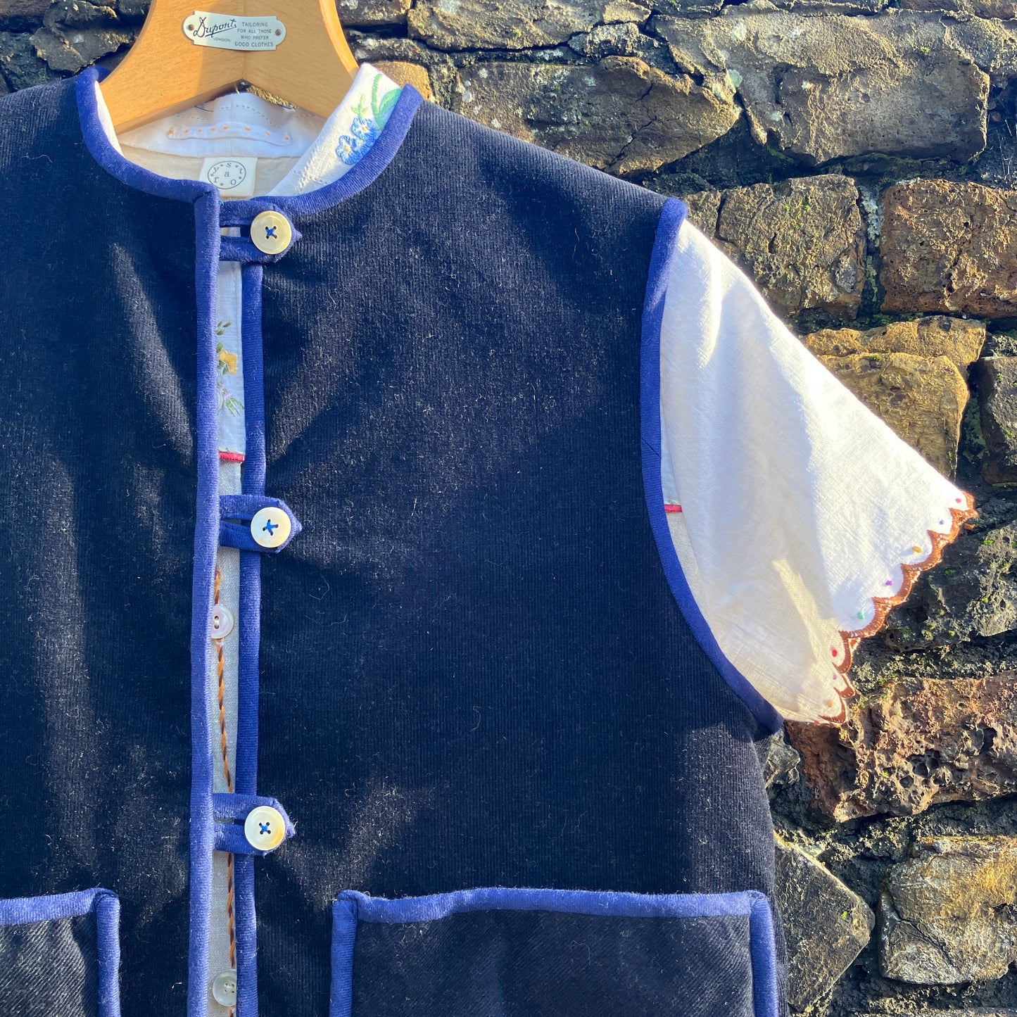Vest/waistcoat made from reclaimed offcuts of navy blue corduroy,