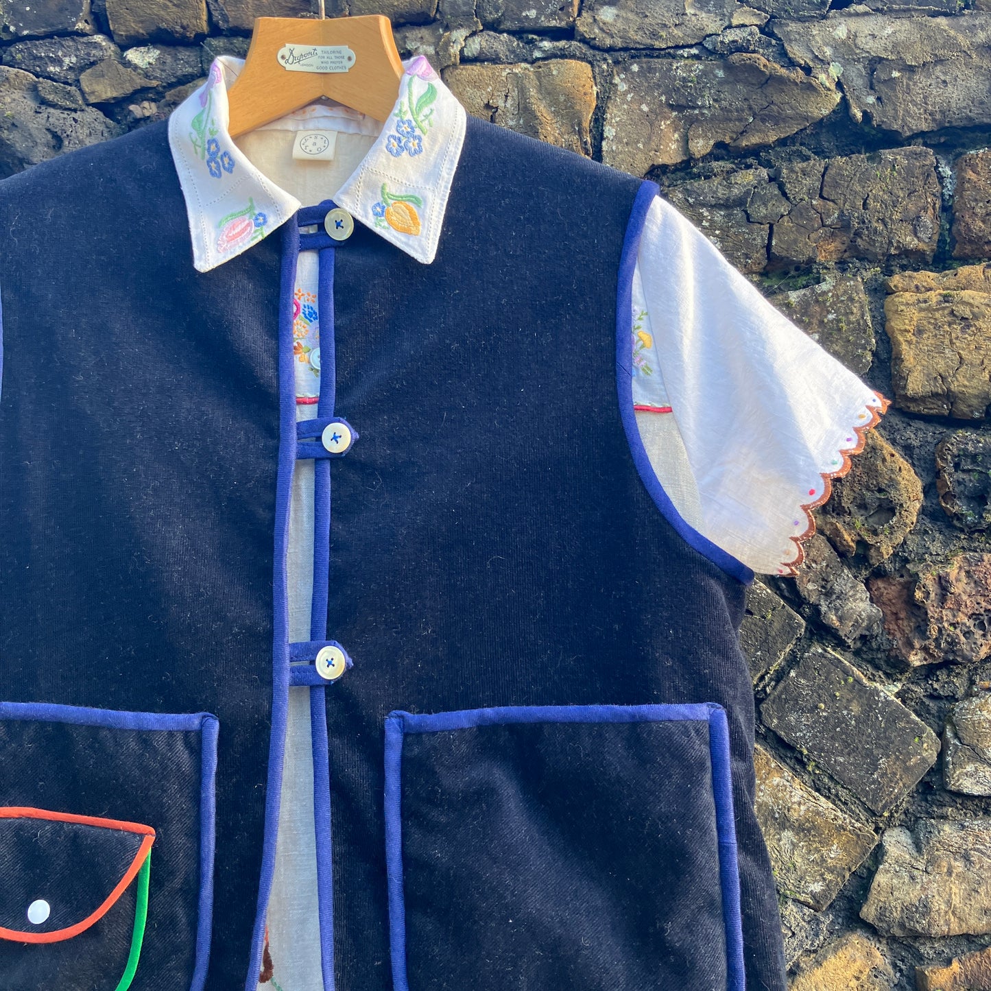 Vest/waistcoat made from reclaimed offcuts of navy blue corduroy,