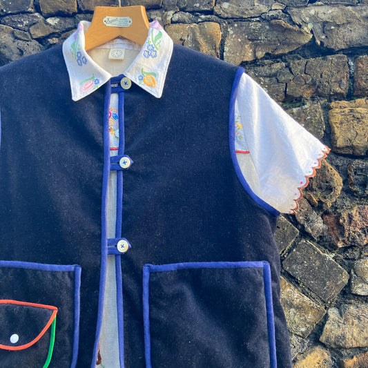 Vest/waistcoat made from reclaimed offcuts of navy blue corduroy,