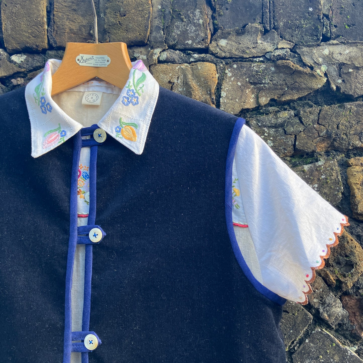 Vest/waistcoat made from reclaimed offcuts of navy blue corduroy,