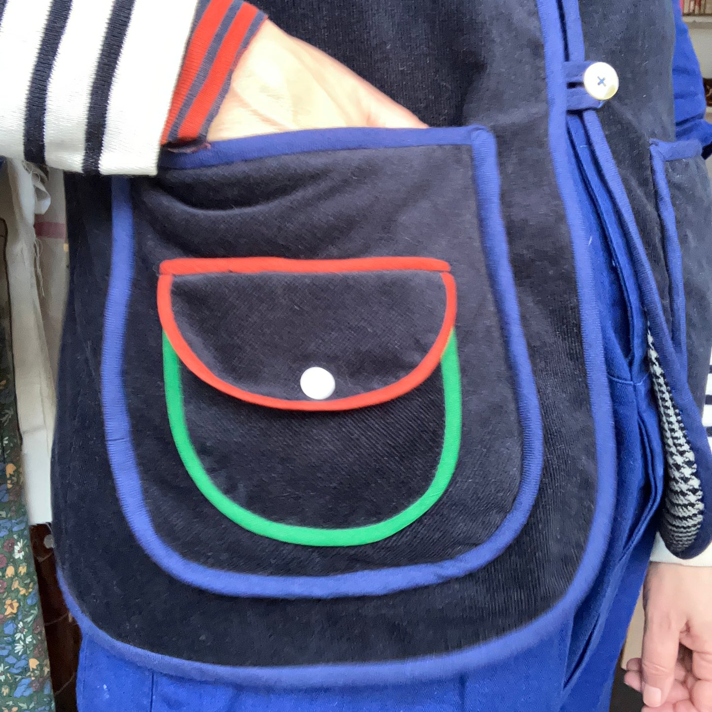 Vest/waistcoat made from reclaimed offcuts of navy blue corduroy,