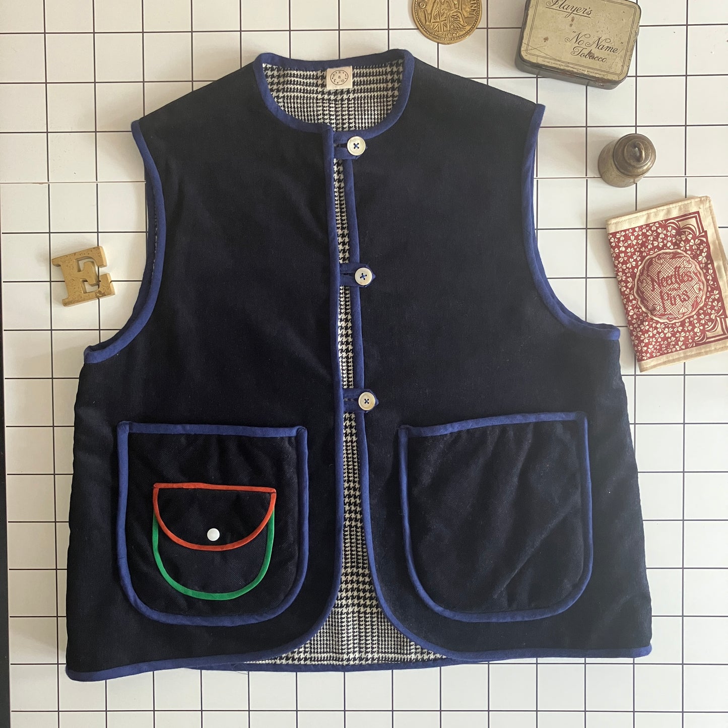 Vest/waistcoat made from reclaimed offcuts of navy blue corduroy,