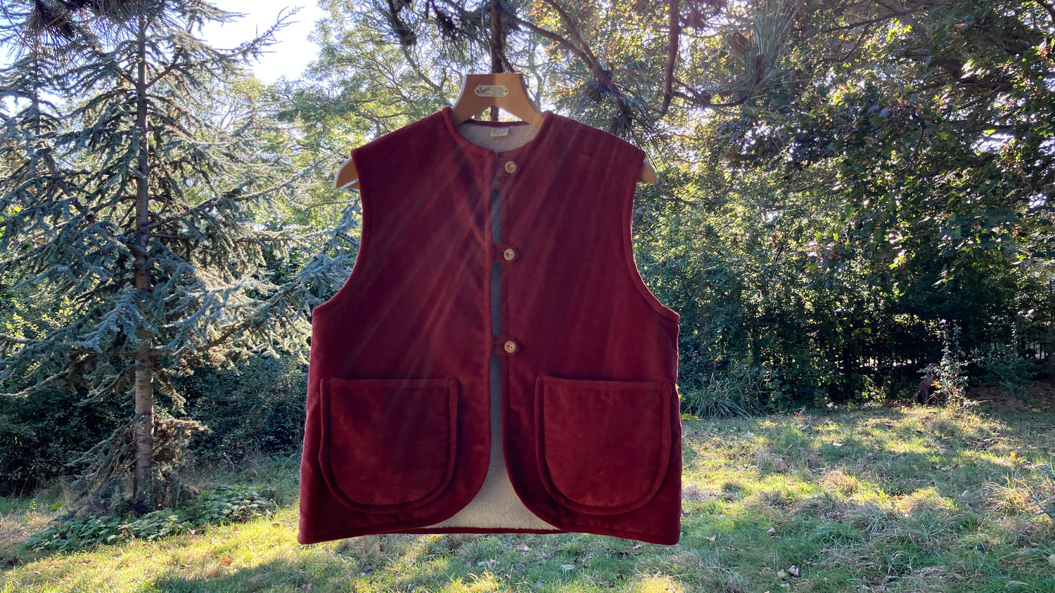 vest/waistcoat made from reclaimed rust-coloured corduroy