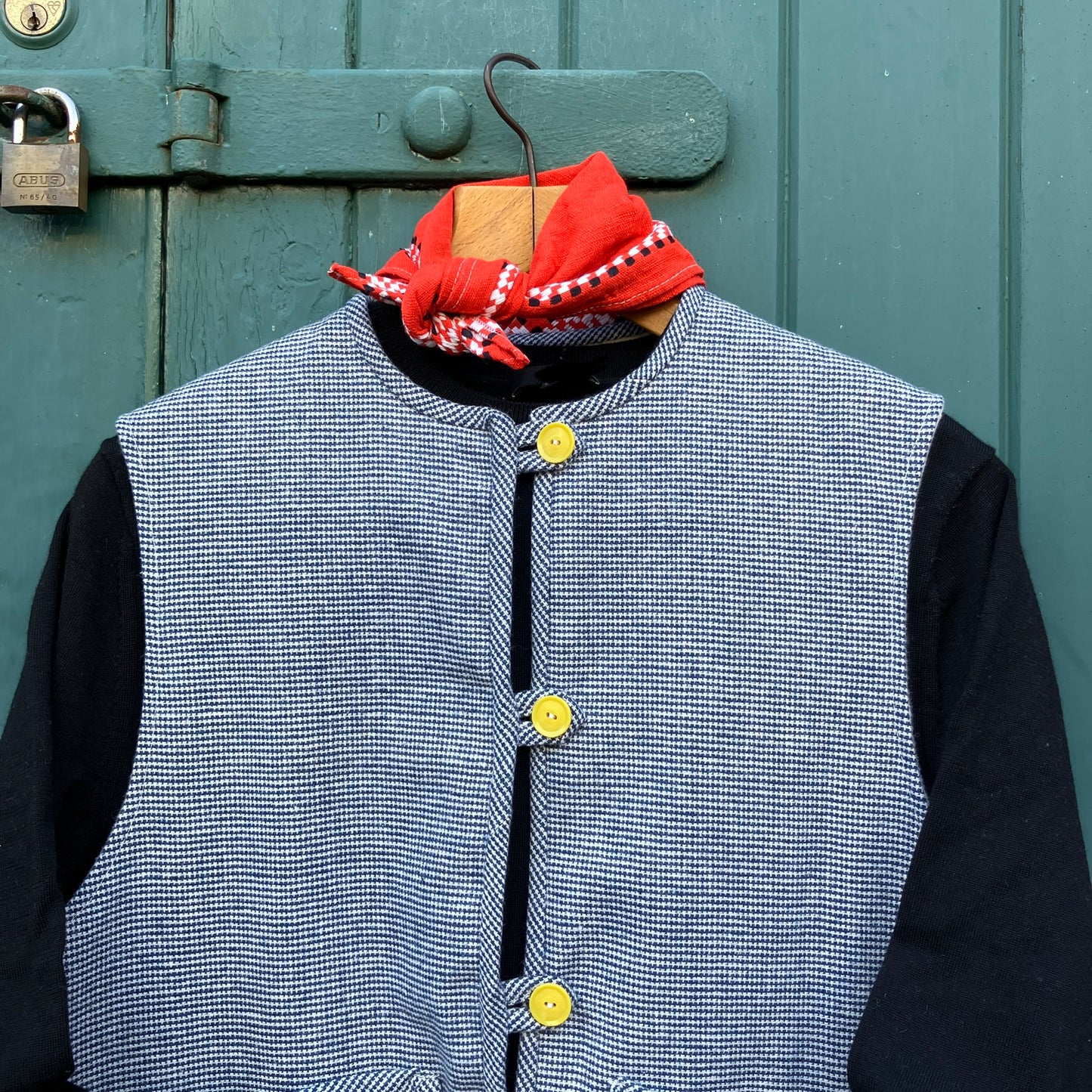 Vest-waistcoat hand made from a found remnant of soft dark blue and white dogtooth check wool.