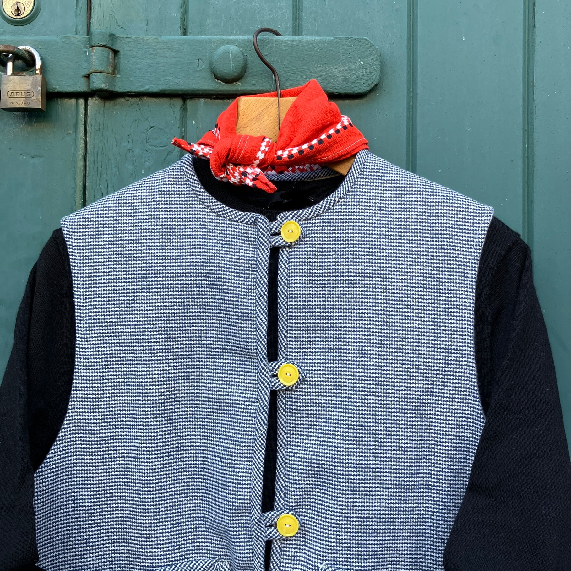 Vest-waistcoat hand made from a found remnant of soft dark blue and white dogtooth check wool.