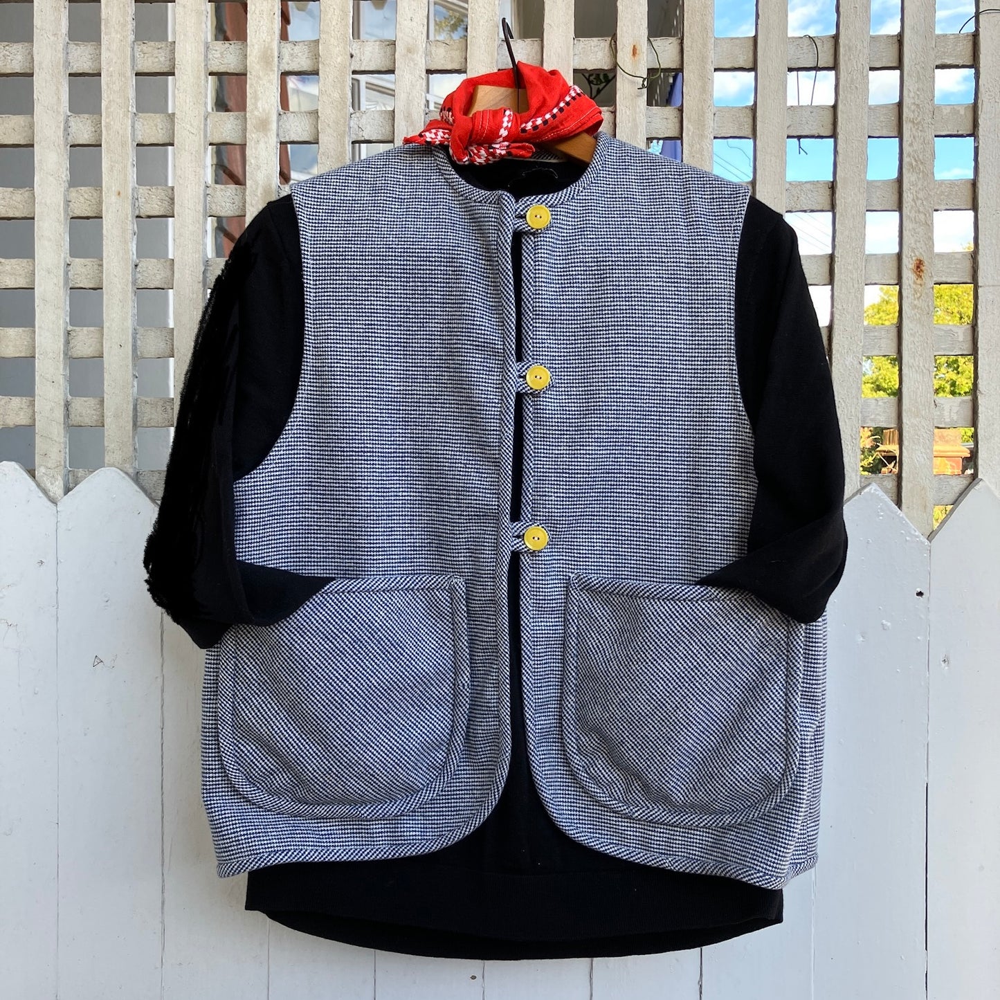 Vest-waistcoat hand made from a found remnant of soft dark blue and white dogtooth check wool.