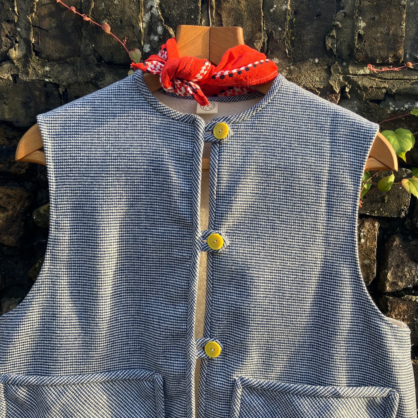 Vest-waistcoat hand made from a found remnant of soft dark blue and white dogtooth check wool.