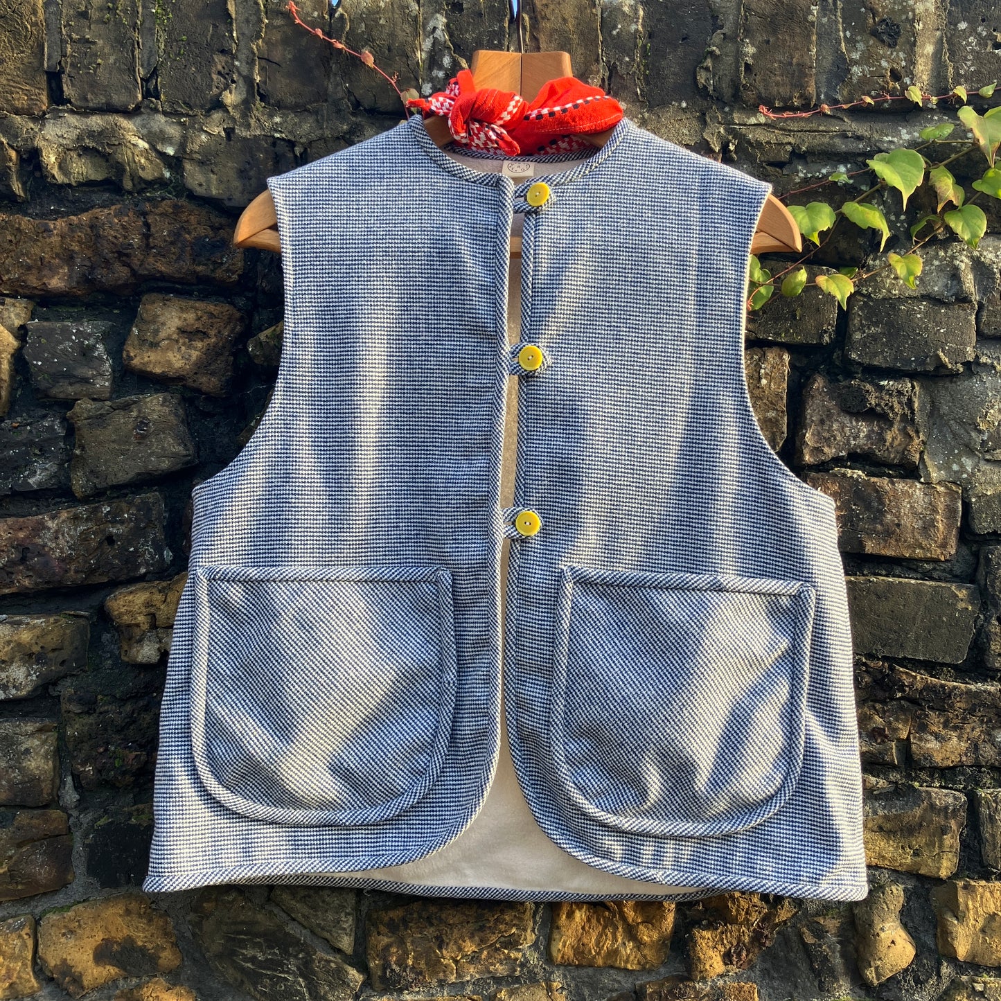 Vest-waistcoat hand made from a found remnant of soft dark blue and white dogtooth check wool.