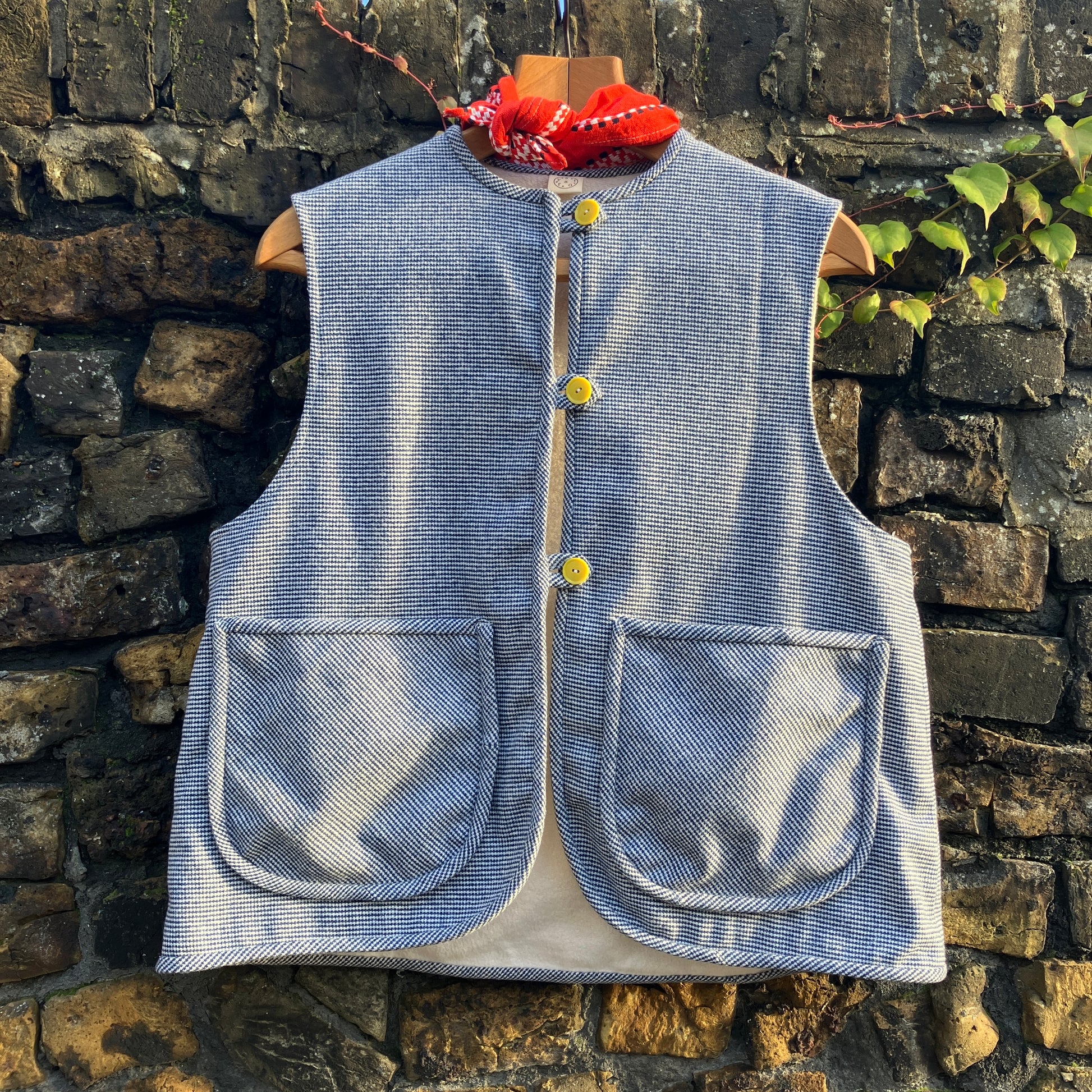 Vest-waistcoat hand made from a found remnant of soft dark blue and white dogtooth check wool.