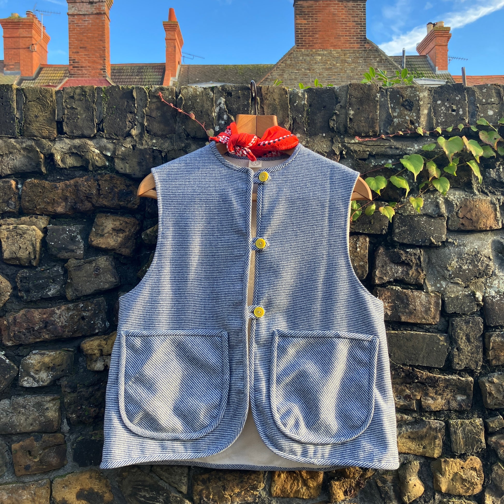 Vest-waistcoat hand made from a found remnant of soft dark blue and white dogtooth check wool.