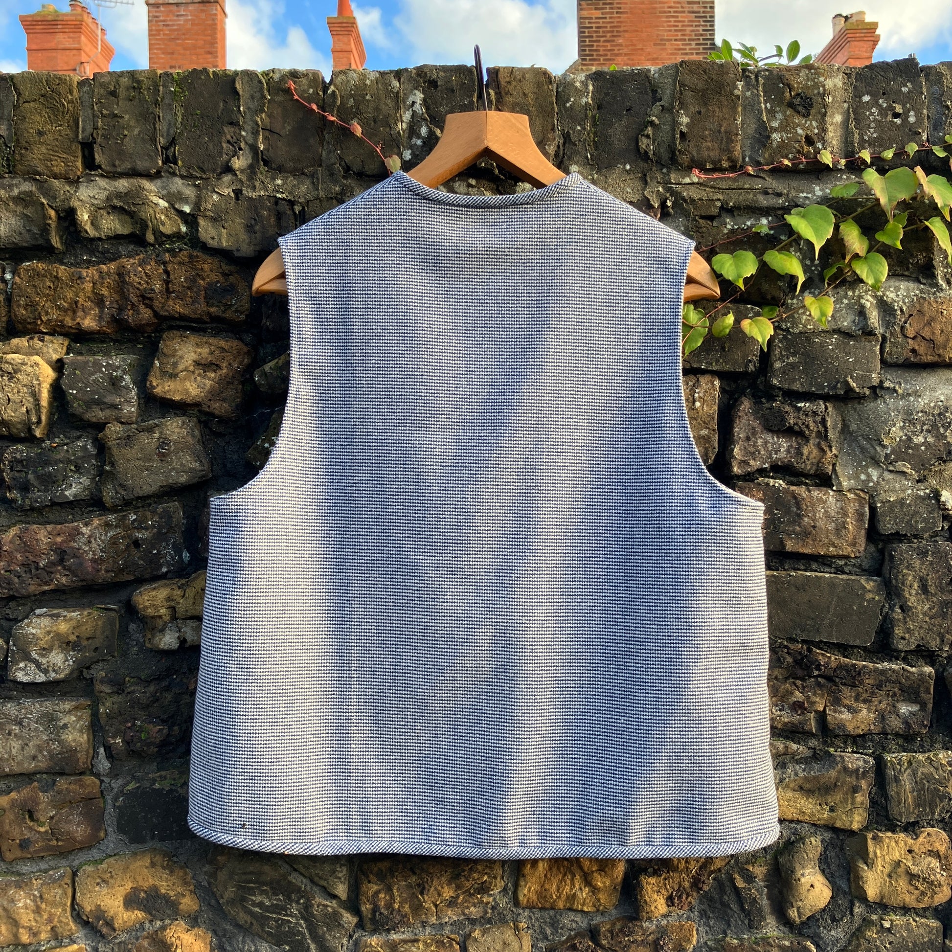 Vest-waistcoat hand made from a found remnant of soft dark blue and white dogtooth check wool.