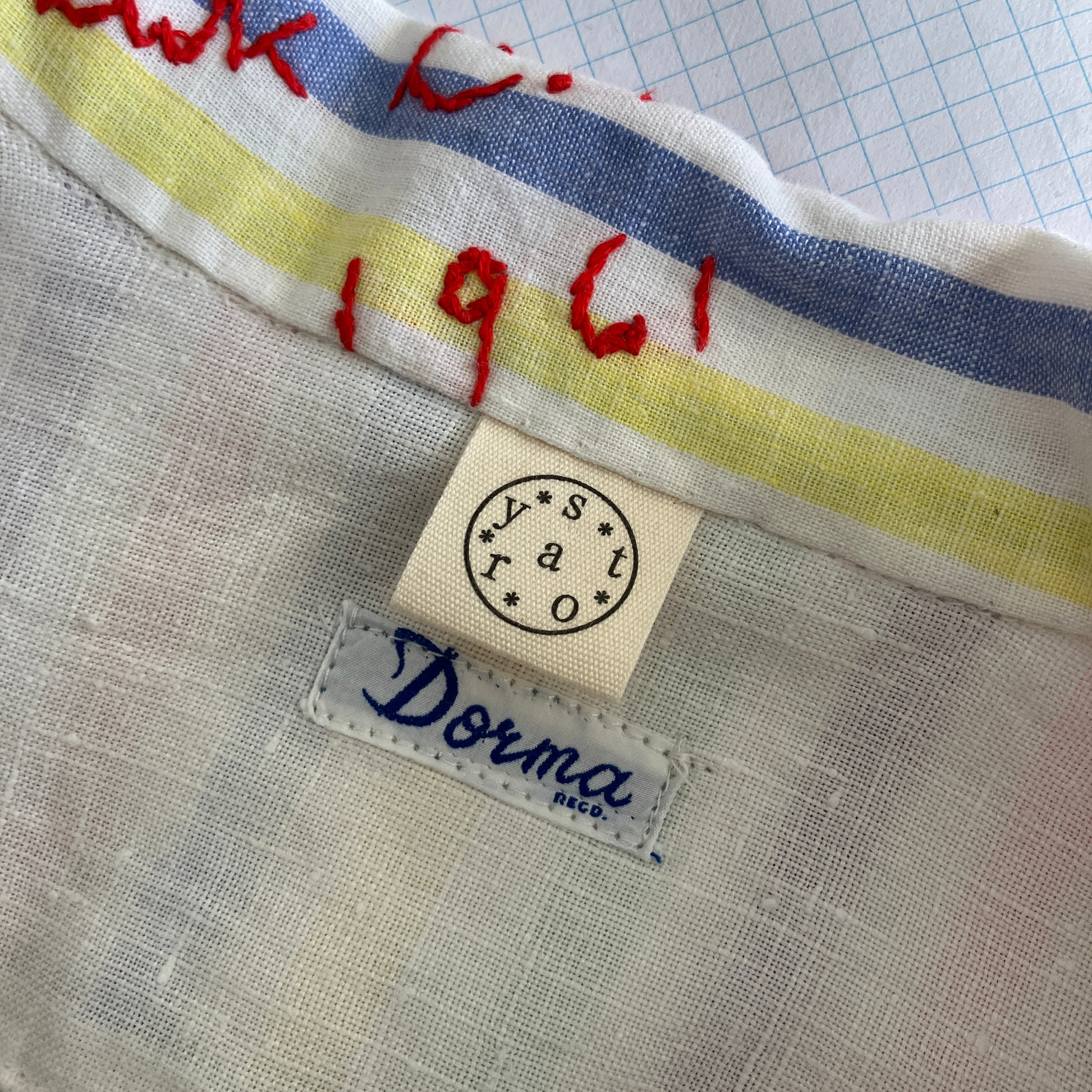 Totally unique ruffle shirt made from a soft cotton reclaimed vintage candy stripe bedsheet adorned with embroidered signatures!