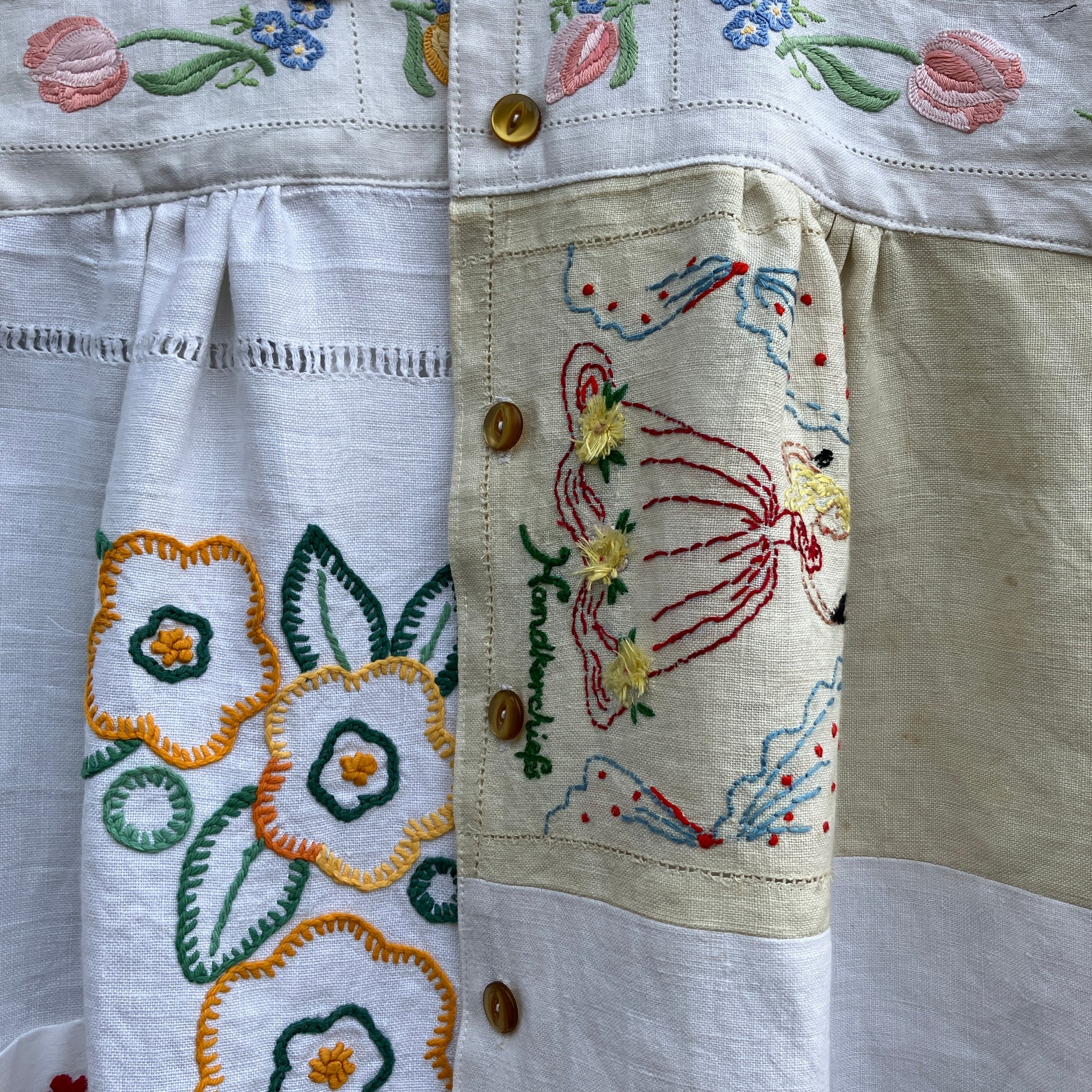 Shirt made from a patchwork of reclaimed vintage linens
