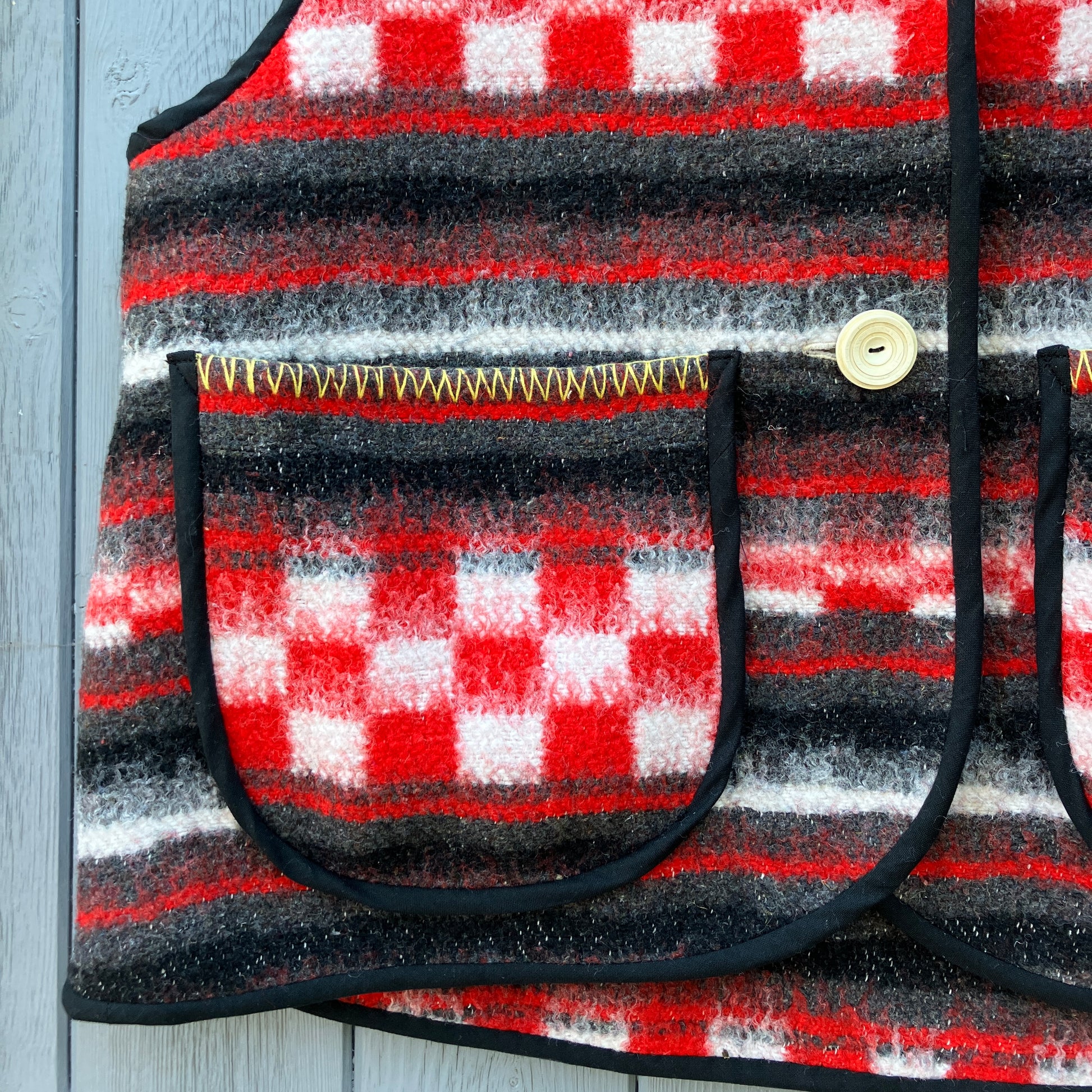 Cosy vest made from a fab vintage checkerboard woolly blanket.