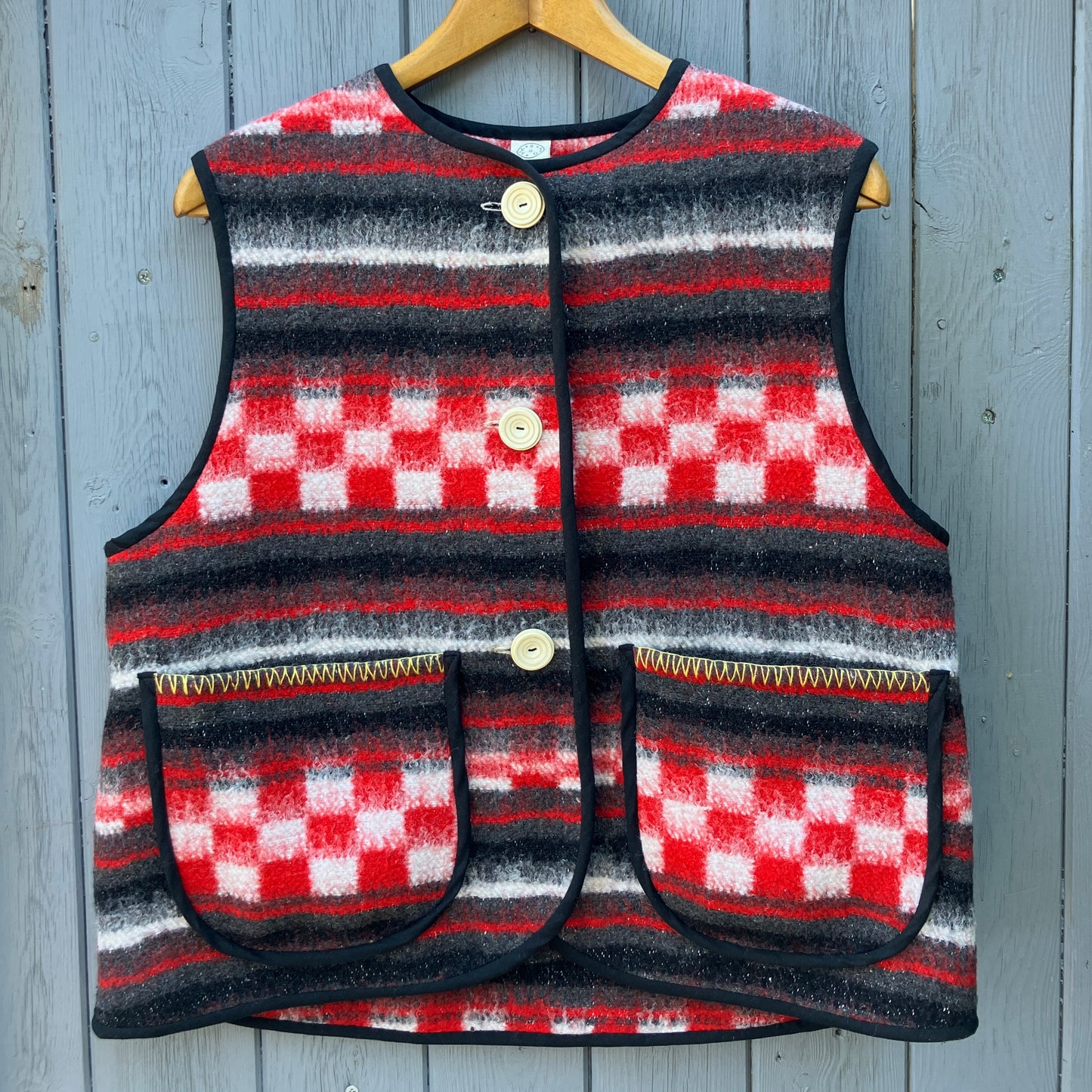 Cosy vest made from a fab vintage checkerboard woolly blanket.