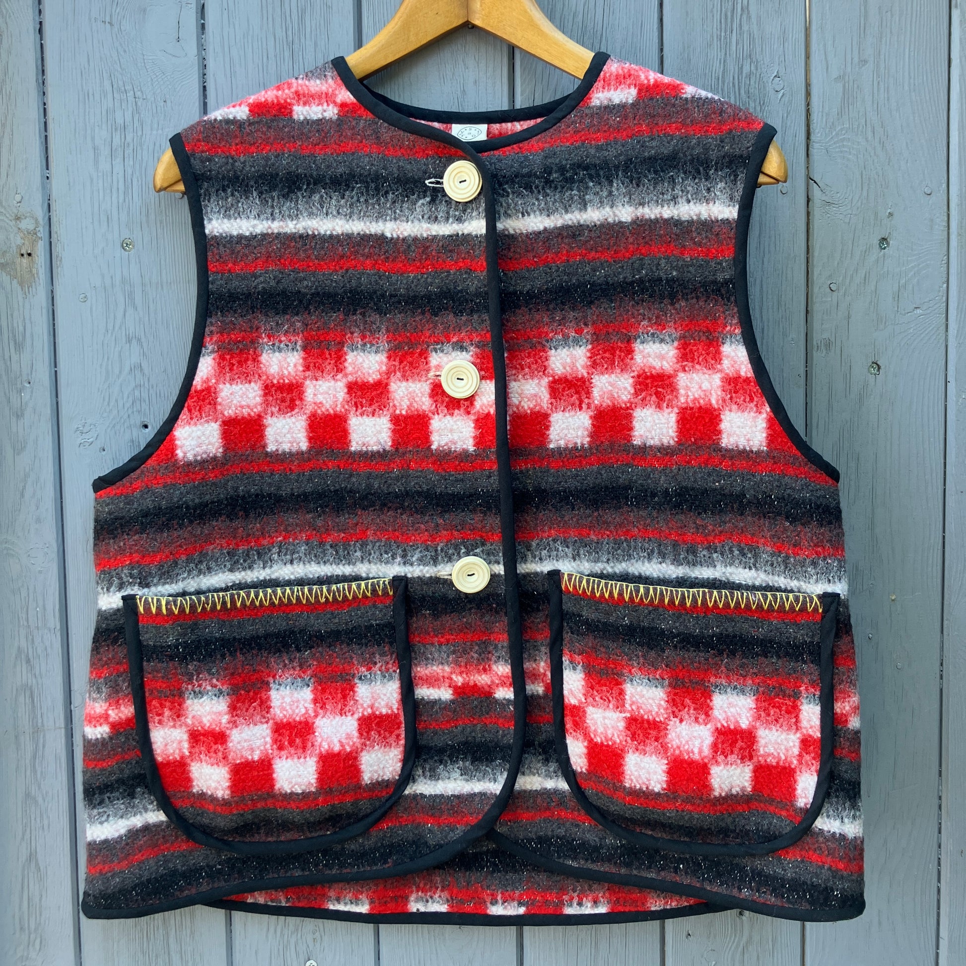 Cosy vest made from a fab vintage checkerboard woolly blanket.