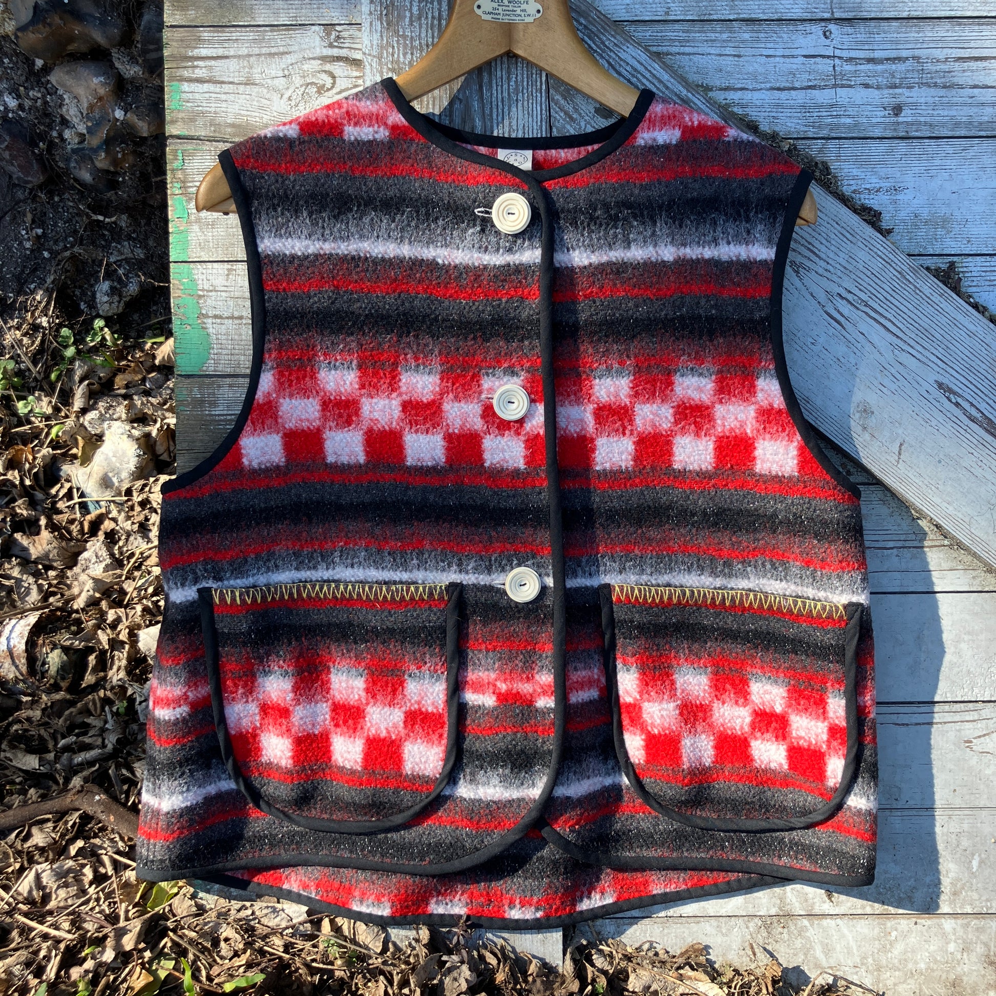Cosy vest made from a fab vintage recycled checkerboard woolly blanket.