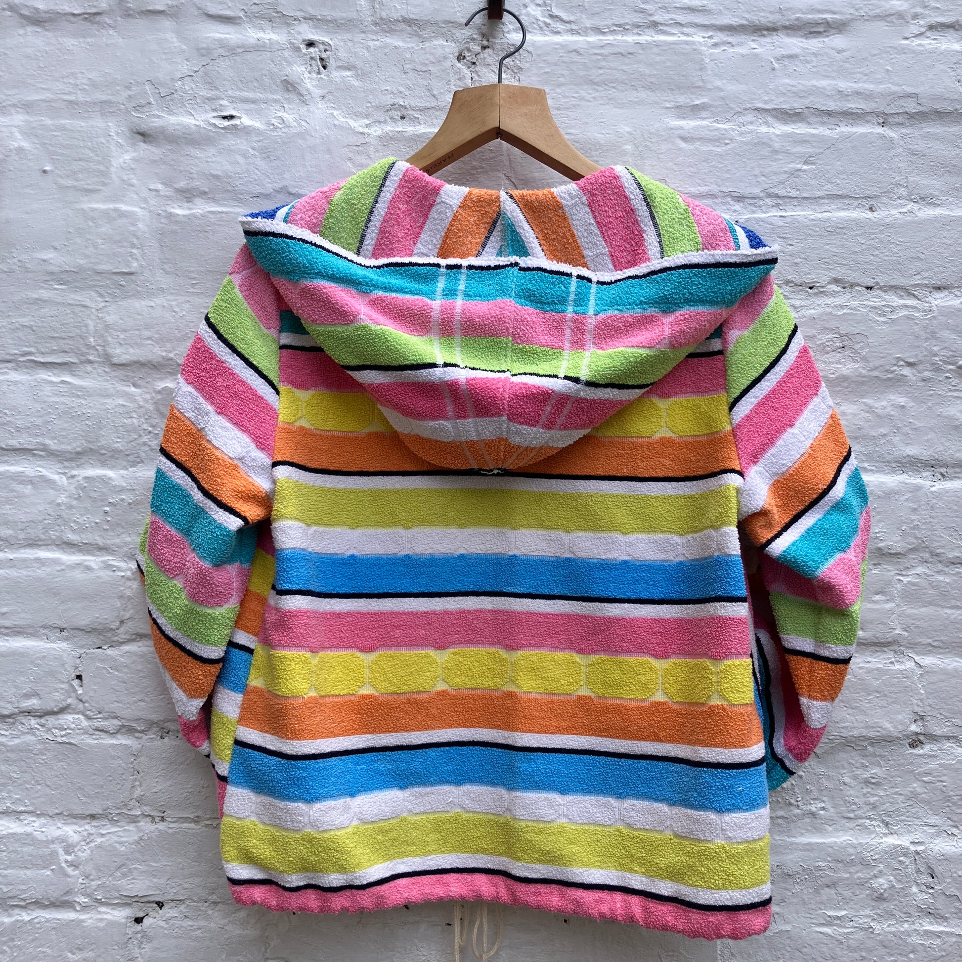 Beach jacket with hood made from two reclaimed 70s stripey towels