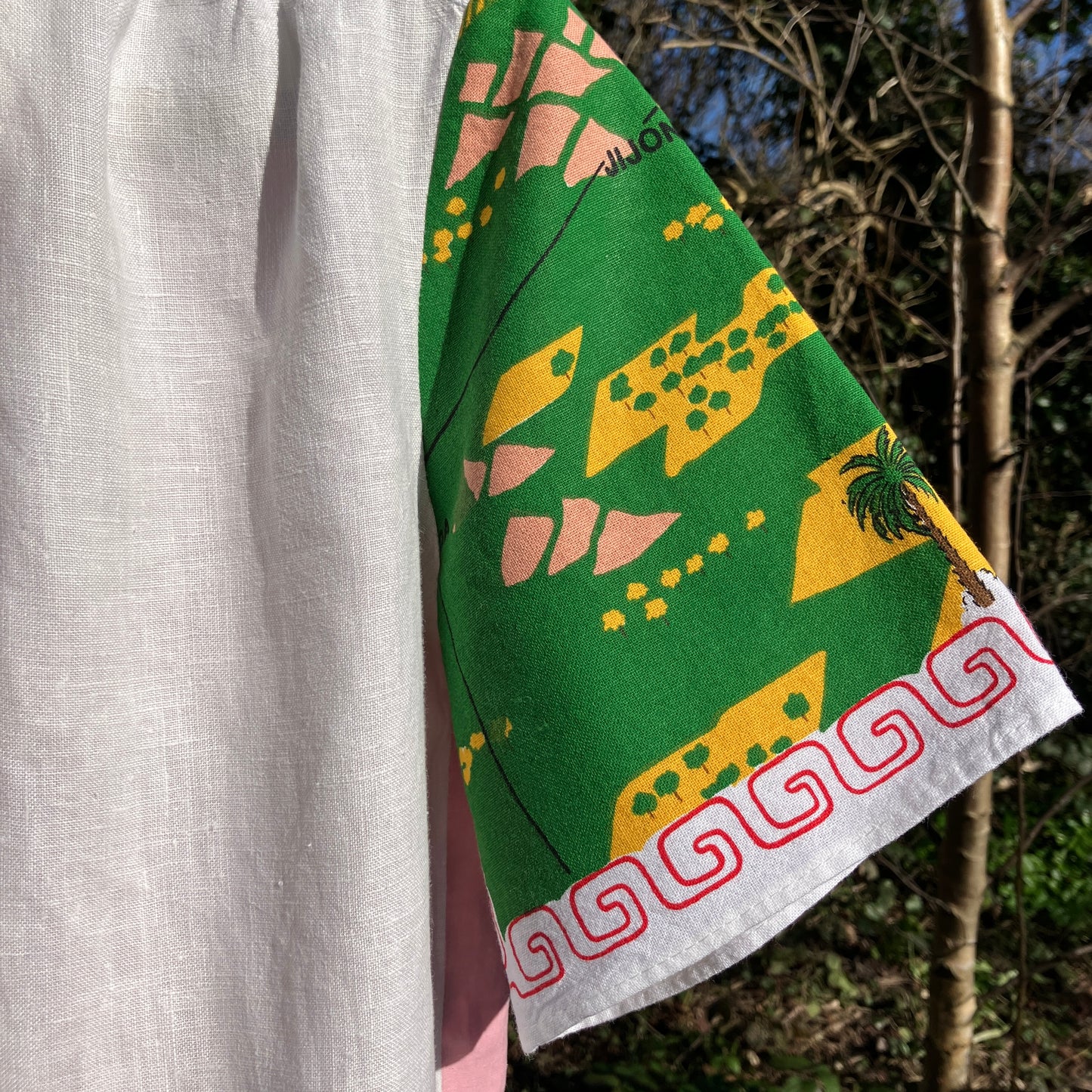 shirt made from a fabulous 1960s linen beach-print tablecloth and holiday souvenir tea towel