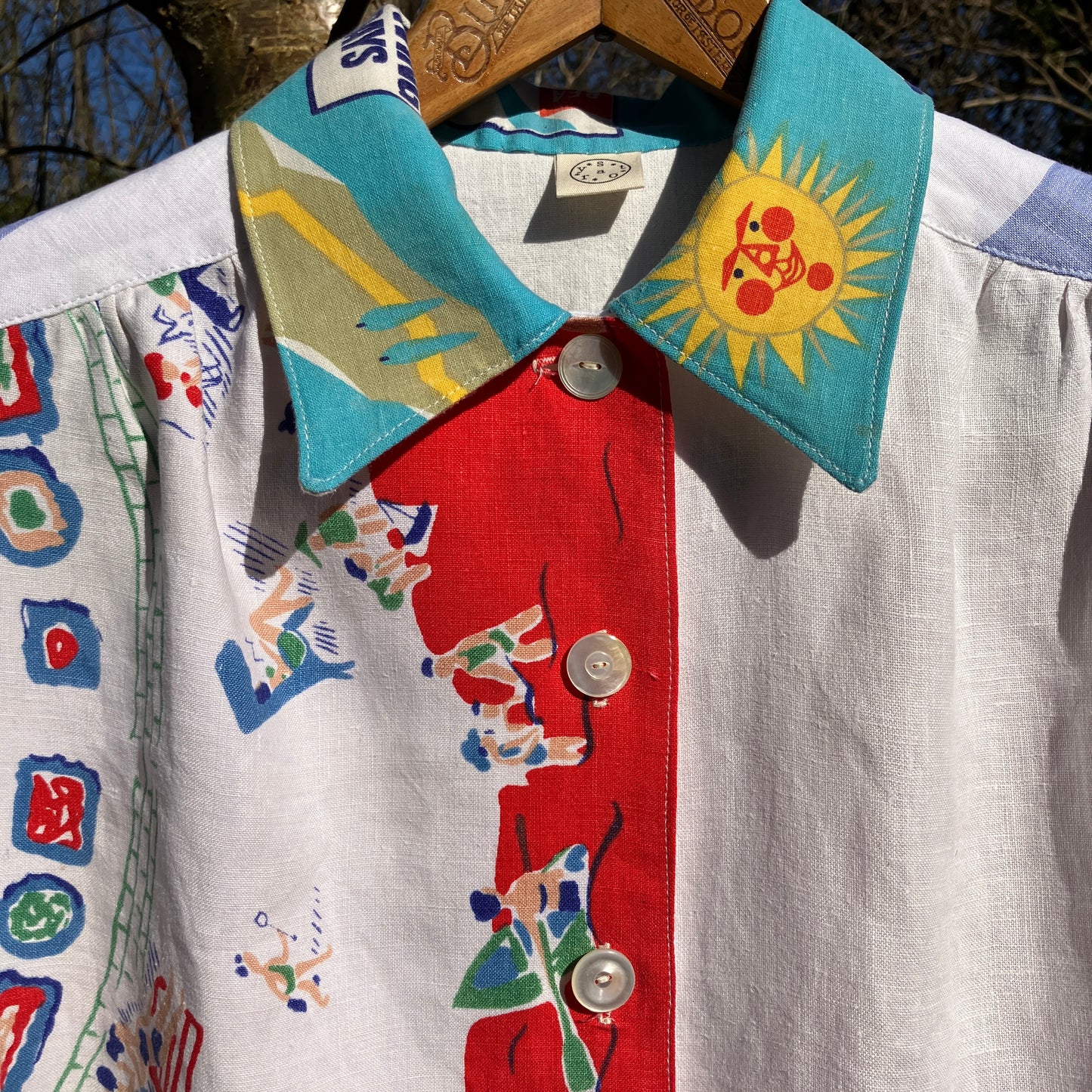 shirt made from a fabulous 1960s linen beach-print tablecloth and holiday souvenir tea towel