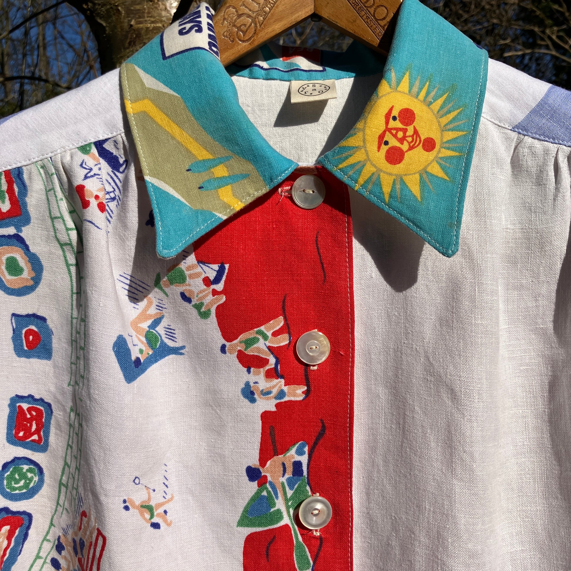 shirt made from a fabulous 1960s linen beach-print tablecloth and holiday souvenir tea towel