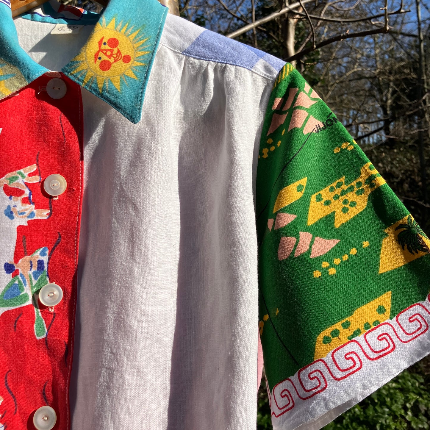 shirt made from a fabulous 1960s linen beach-print tablecloth and holiday souvenir tea towel
