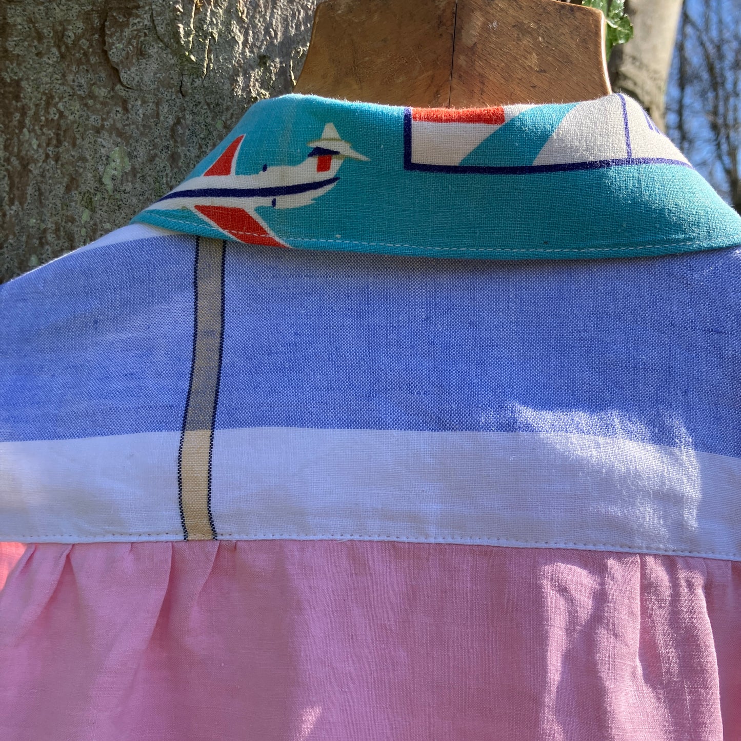 shirt made from a fabulous 1960s linen beach-print tablecloth and holiday souvenir tea towel