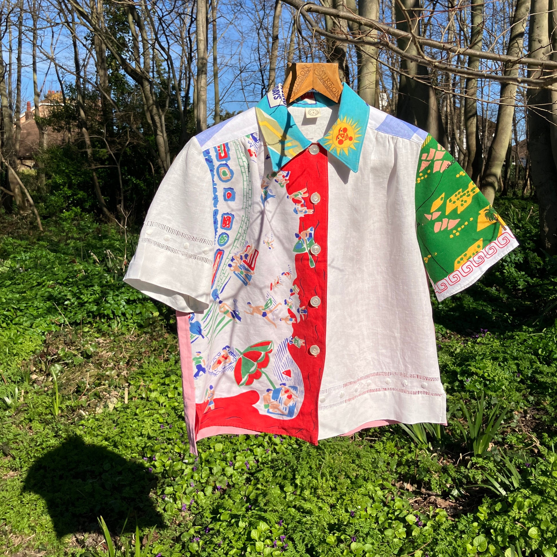 shirt made from a fabulous 1960s linen beach-print tablecloth and holiday souvenir tea towel