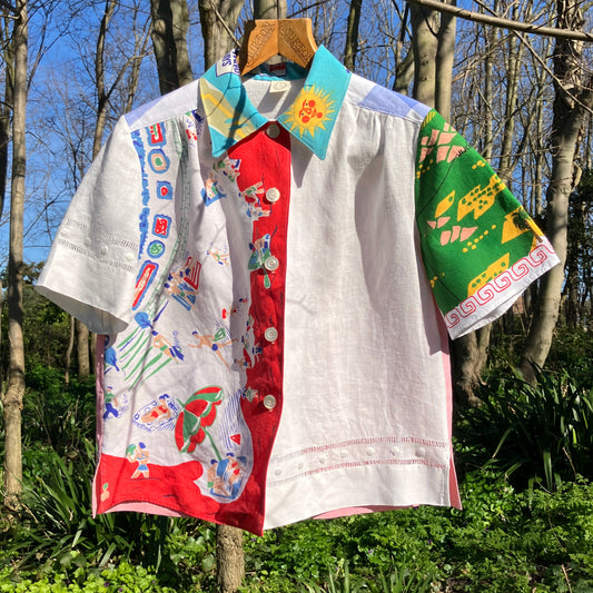 shirt made from a fabulous 1960s linen beach-print tablecloth and holiday souvenir tea towel