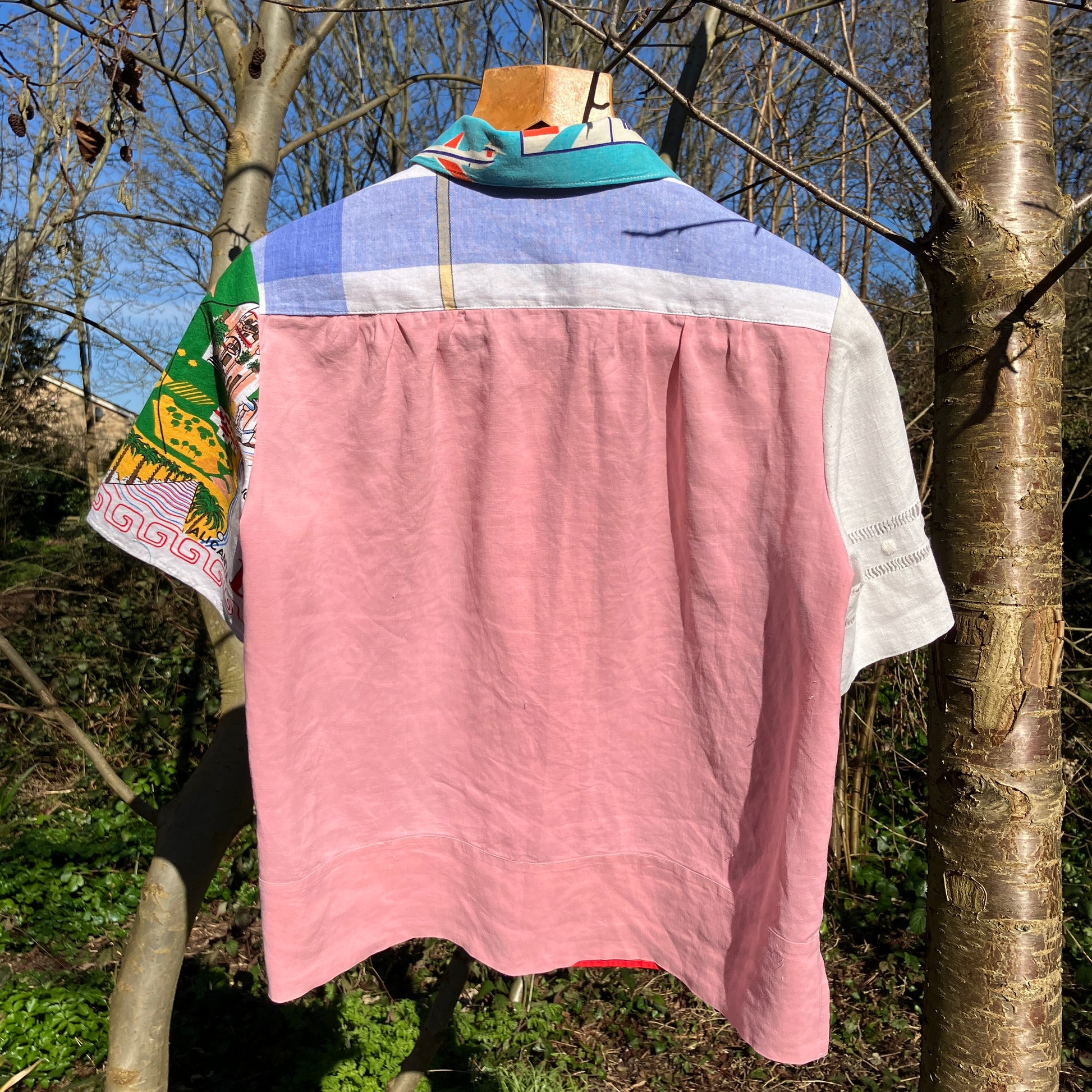 shirt made from a fabulous 1960s linen beach-print tablecloth and holiday souvenir tea towel