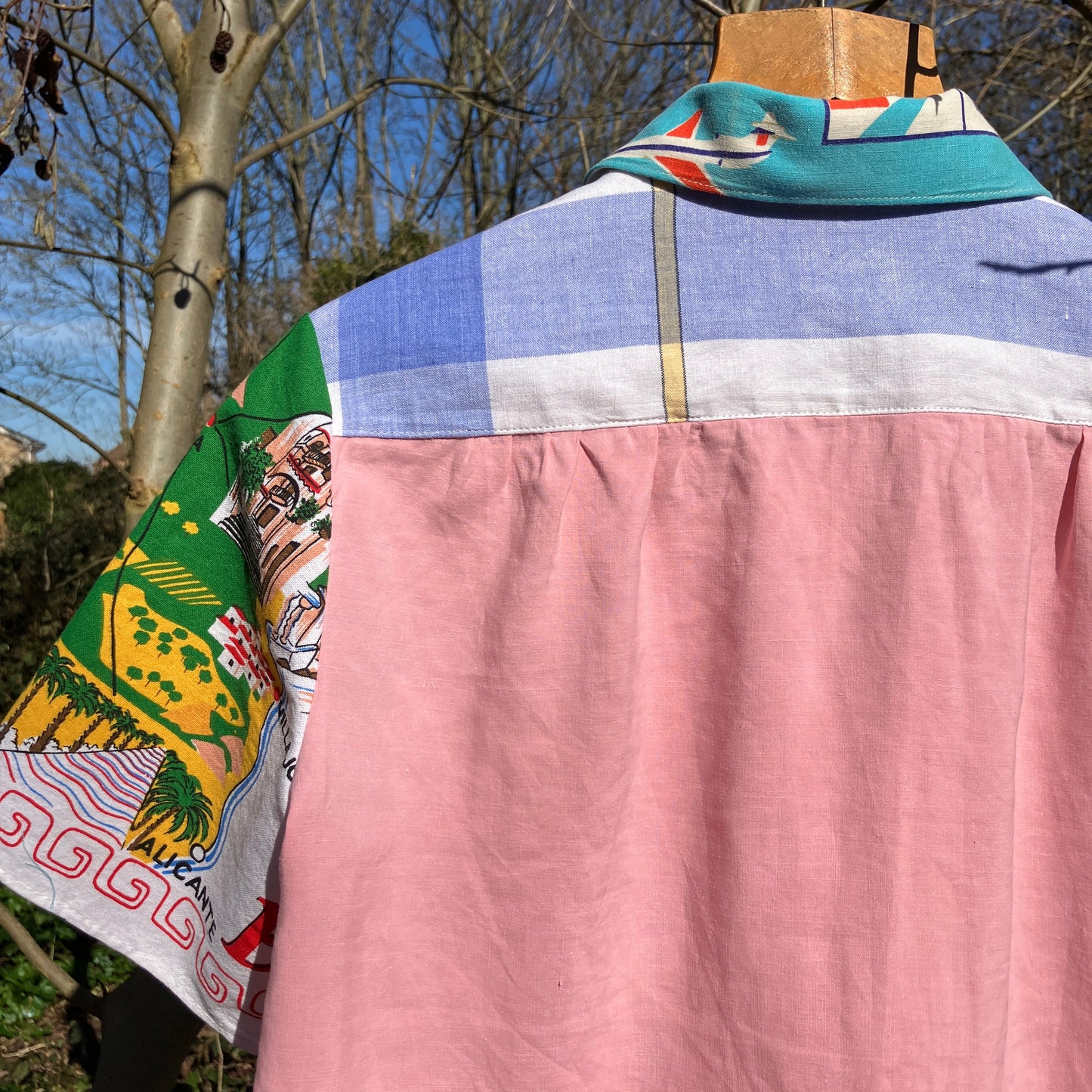 shirt made from a fabulous 1960s linen beach-print tablecloth and holiday souvenir tea towel