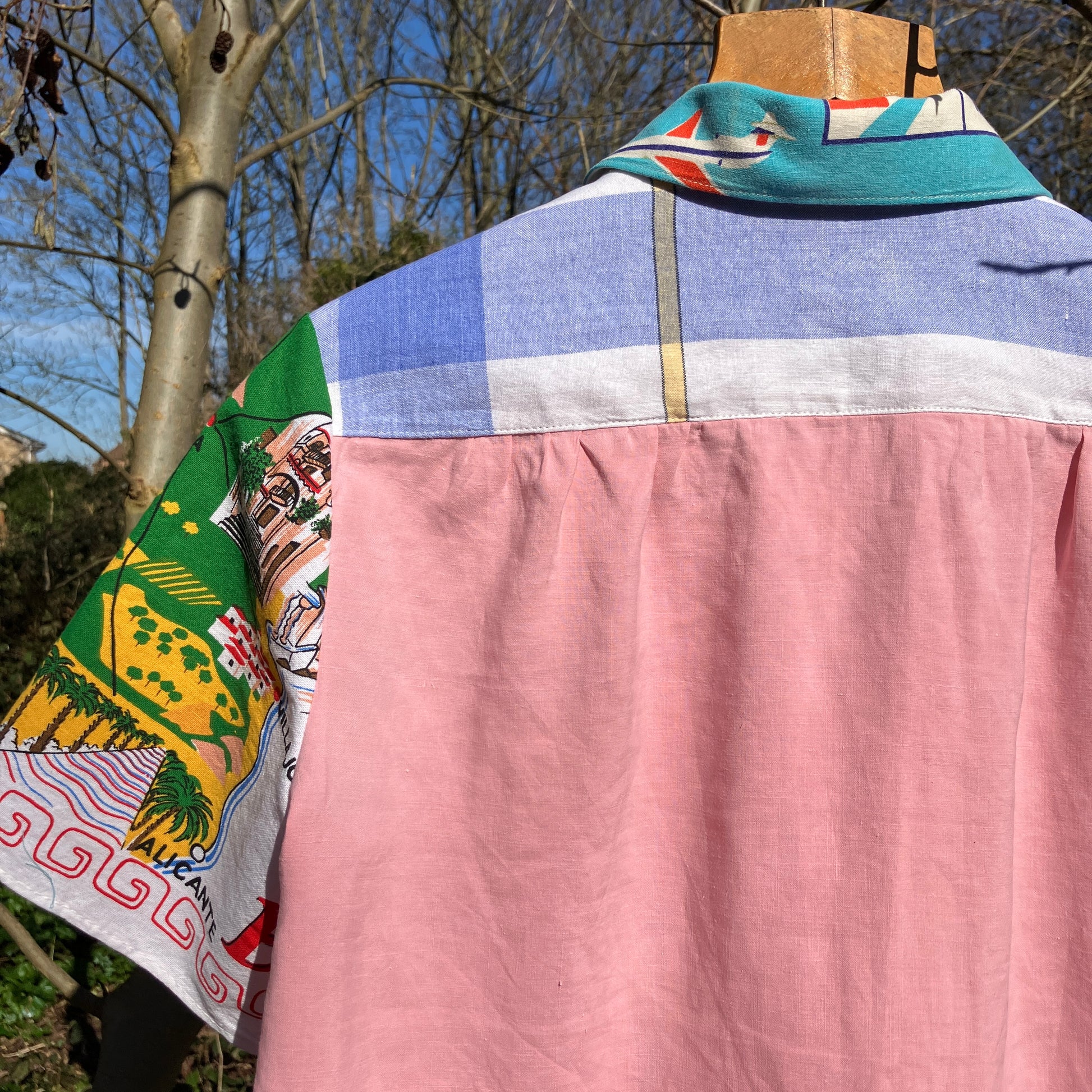 shirt made from a fabulous 1960s linen beach-print tablecloth and holiday souvenir tea towel