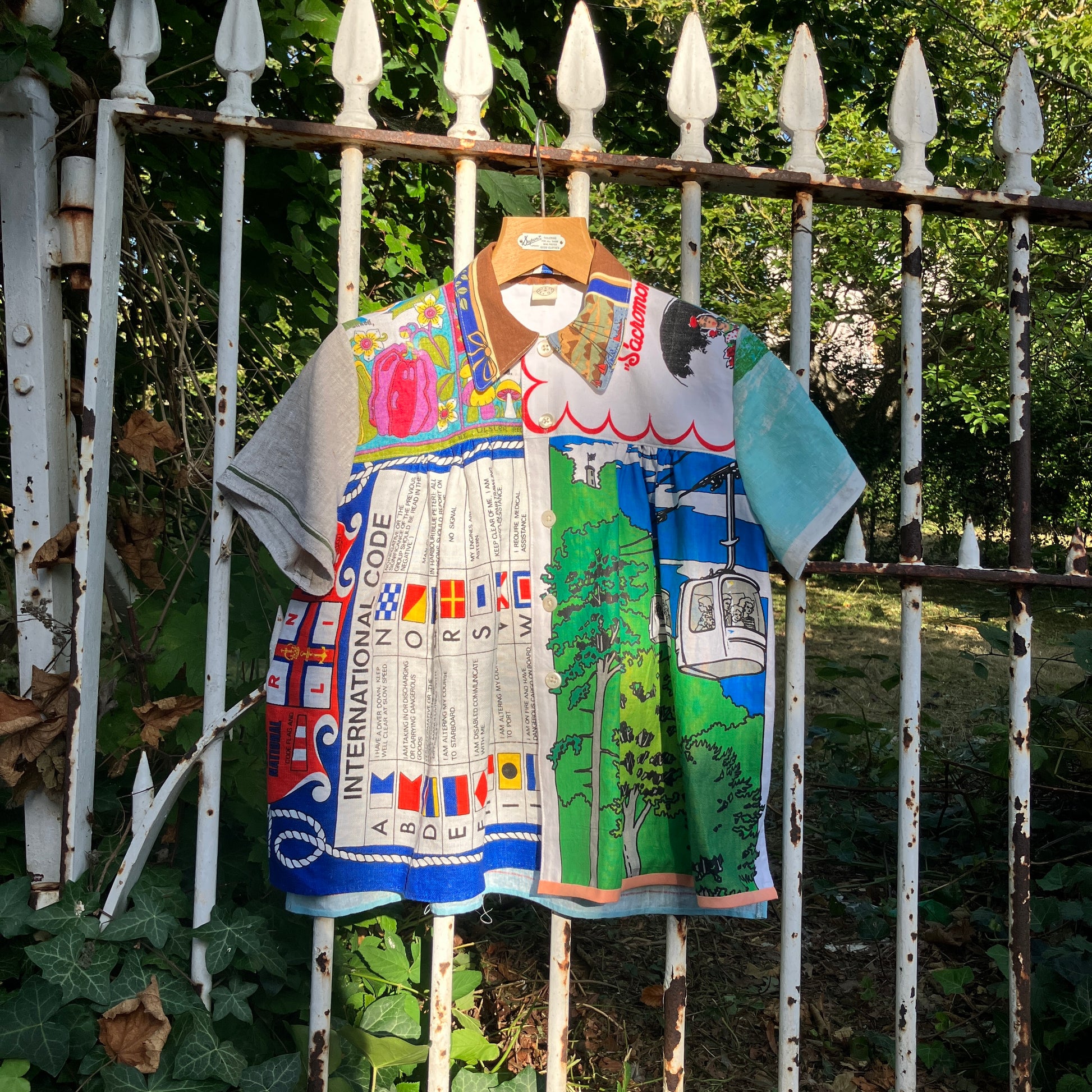 Shirt made from a patchwork of recycled tea towels