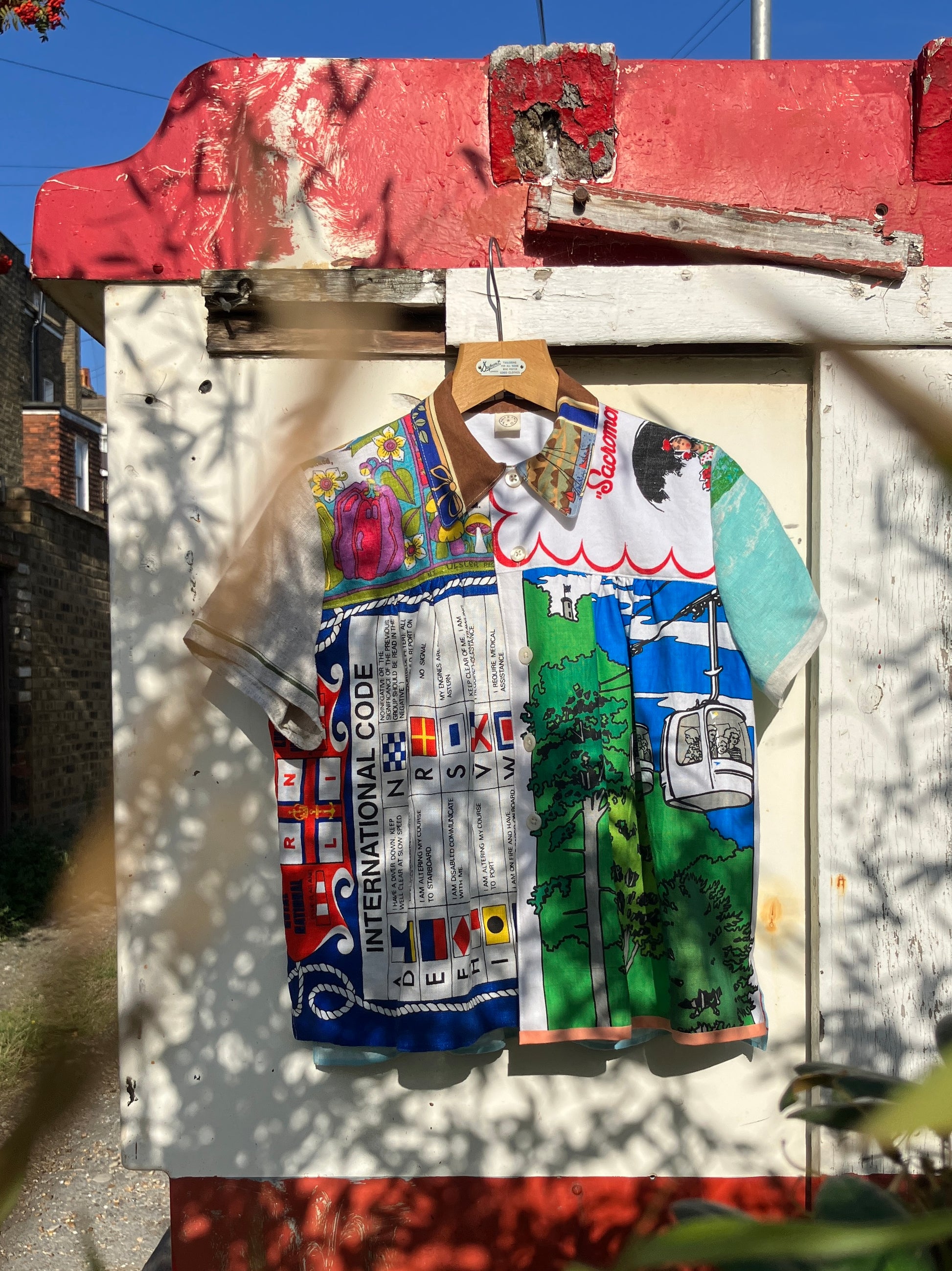 Shirt made from a patchwork of recycled tea towels