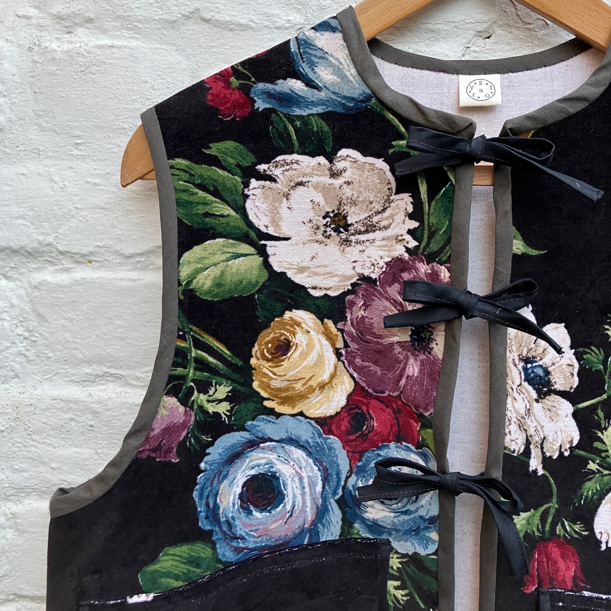 Vest or waistcoat made from a reclaimed vintage cotton floral velvet Sanderson curtain