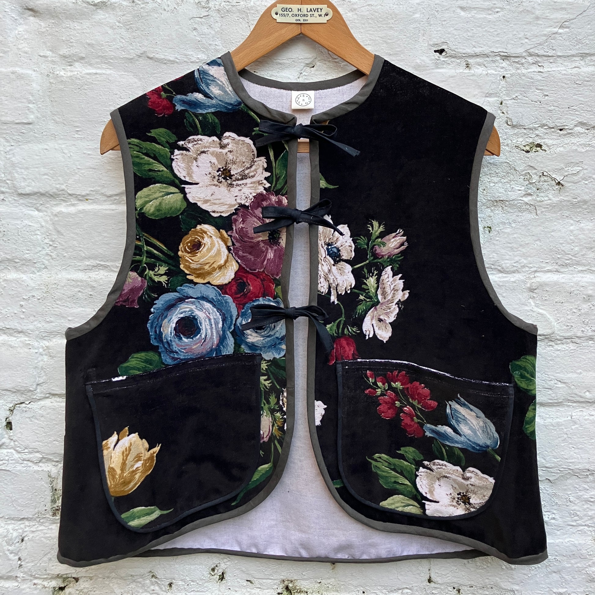 Vest or waistcoat made from a reclaimed vintage cotton floral velvet Sanderson curtain
