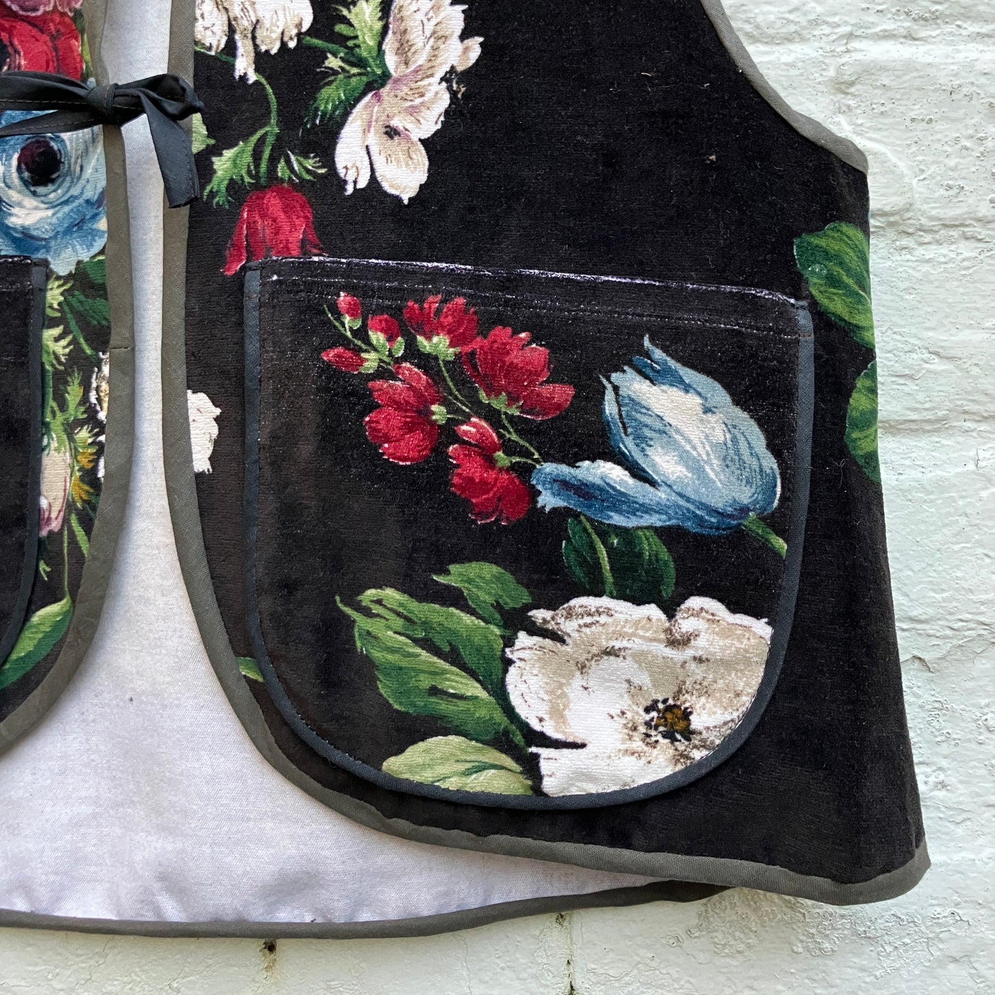 Vest or waistcoat made from a reclaimed vintage cotton floral velvet Sanderson curtain