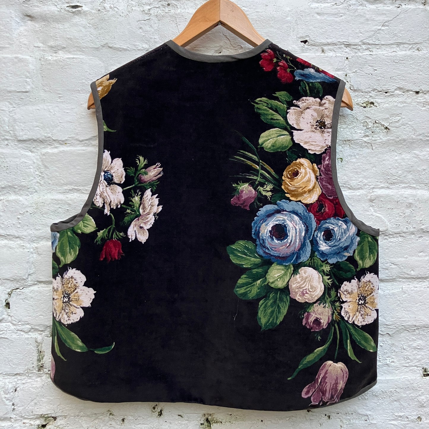 Vest or waistcoat made from a reclaimed vintage cotton floral velvet Sanderson curtain