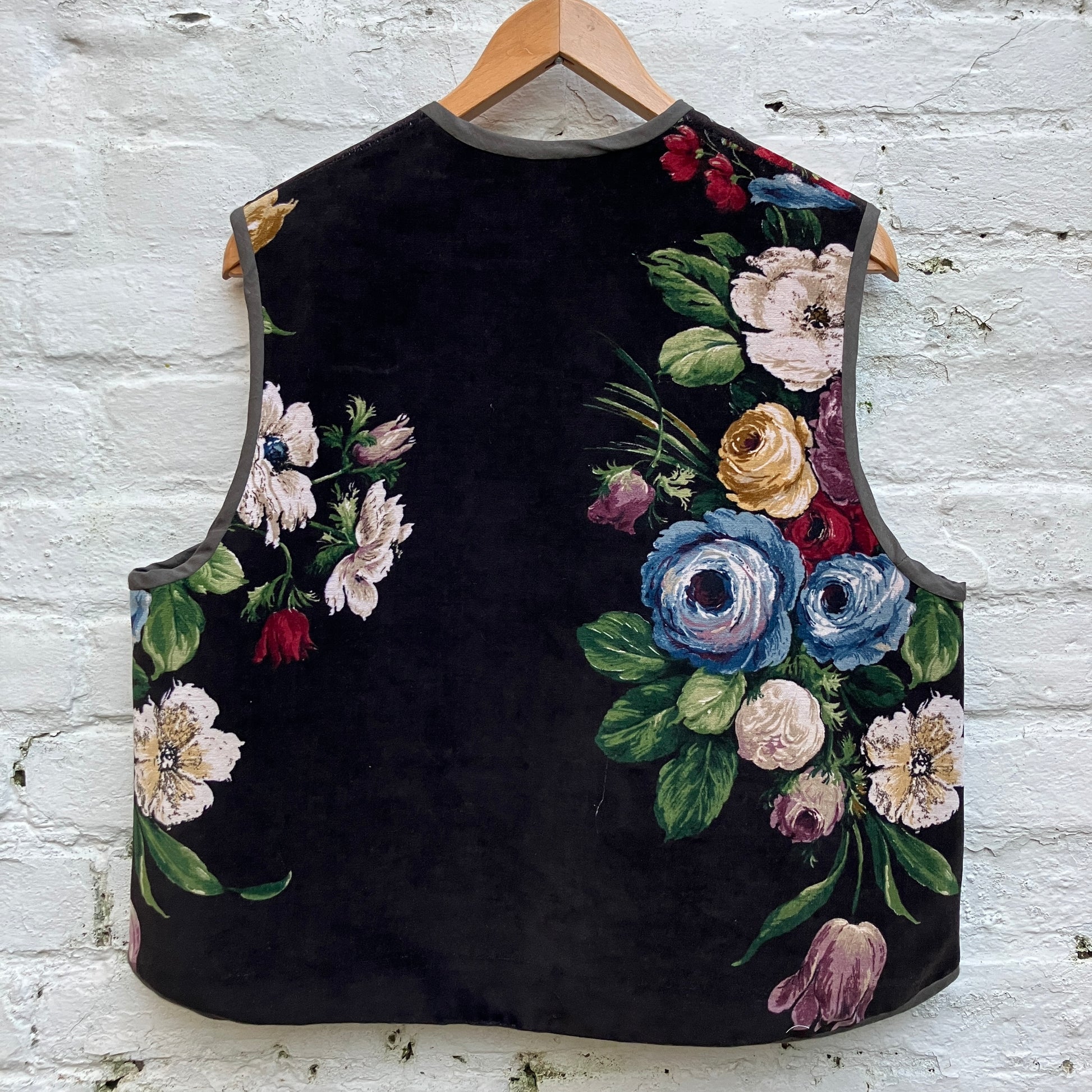 Vest or waistcoat made from a reclaimed vintage cotton floral velvet Sanderson curtain