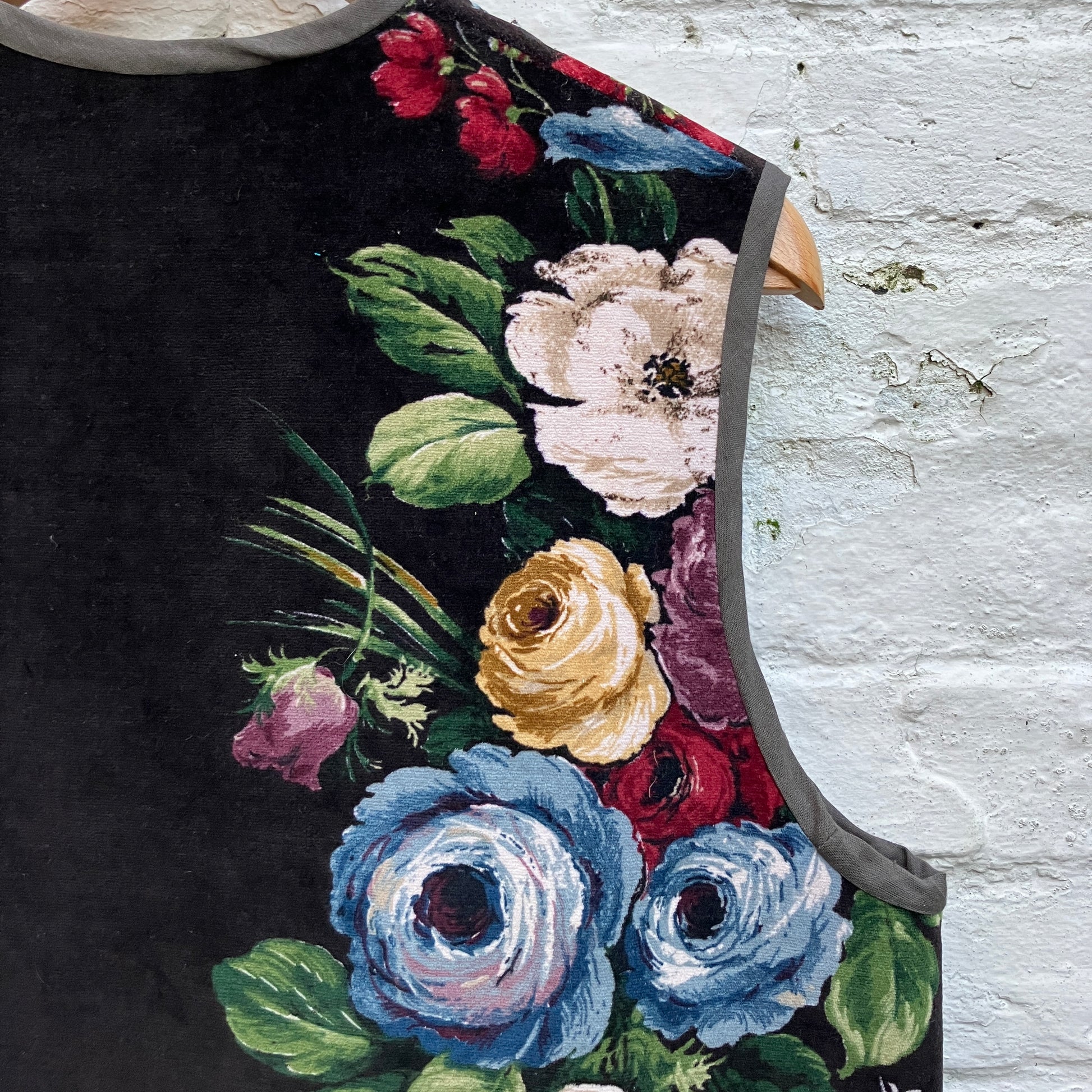 Vest or waistcoat made from a reclaimed vintage cotton floral velvet Sanderson curtain