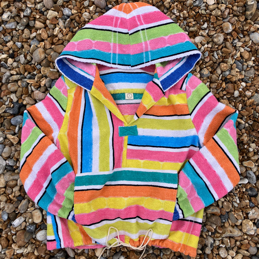 Beach jacket with hood made from two reclaimed 70s stripey towels
