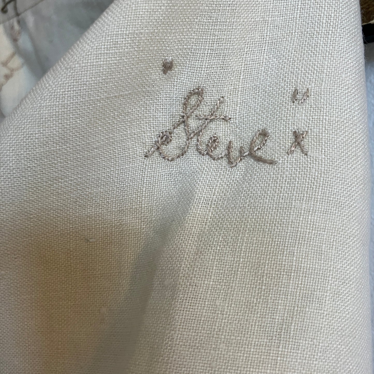 Linen shirt made from a vintage tablecloth hand embroidered with signatures and good luck messages