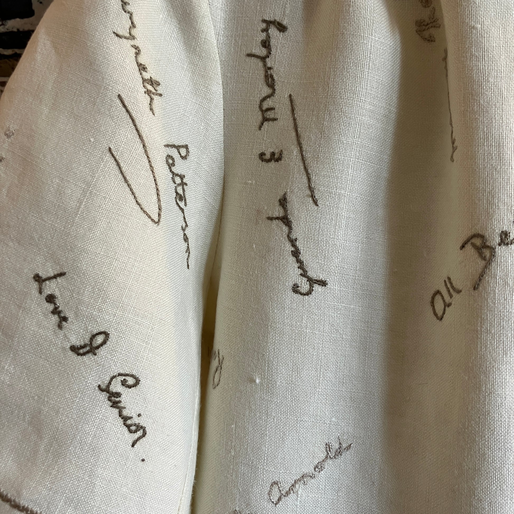 Linen shirt made from a vintage tablecloth hand embroidered with signatures and good luck messages