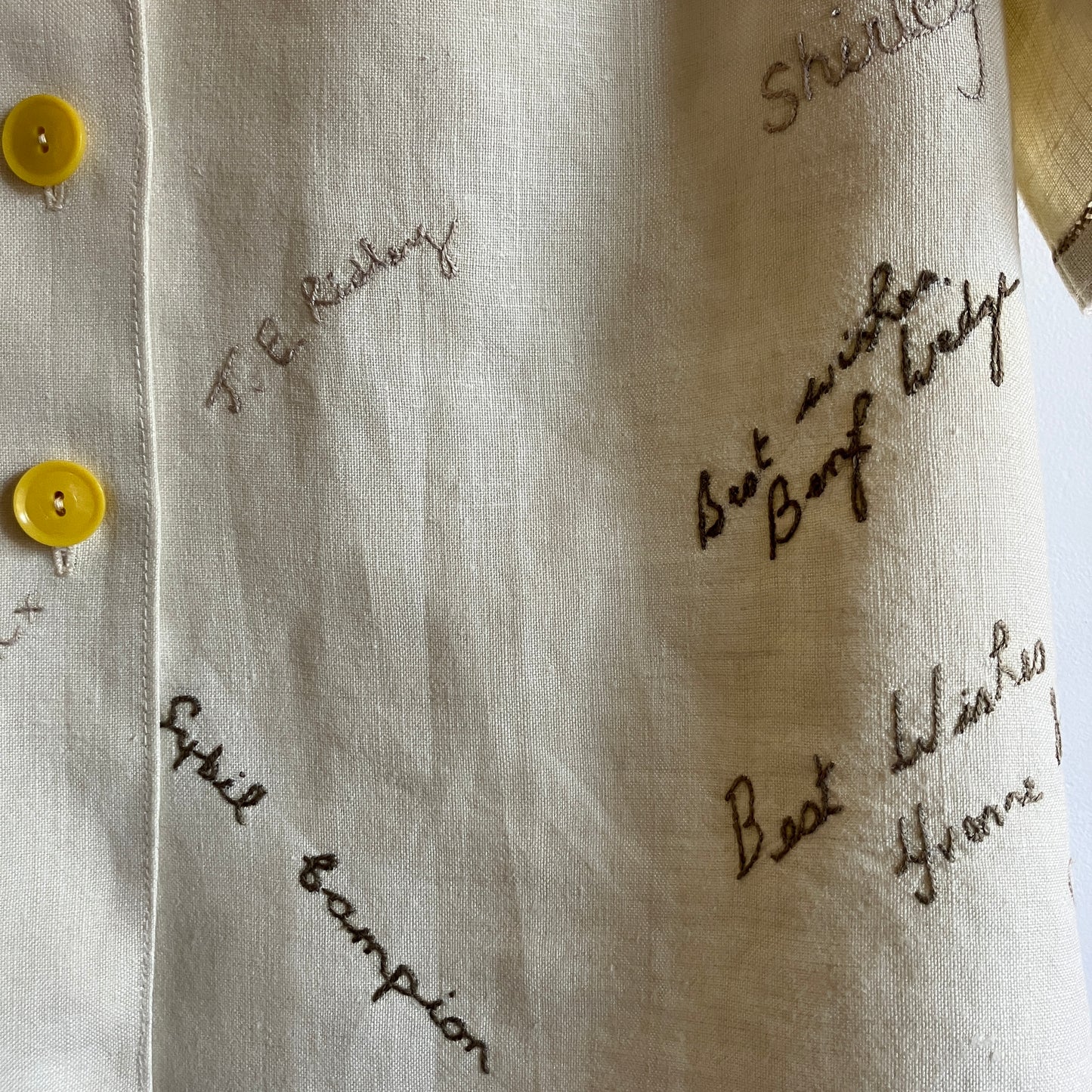 Linen shirt made from a vintage tablecloth hand embroidered with signatures and good luck messages