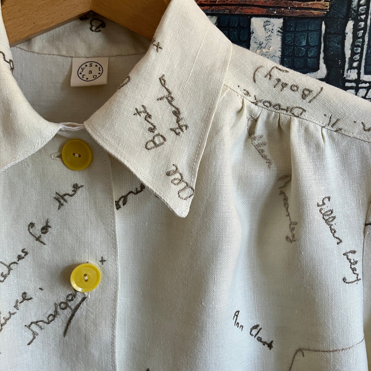 Linen shirt made from a vintage tablecloth hand embroidered with signatures and good luck messages
