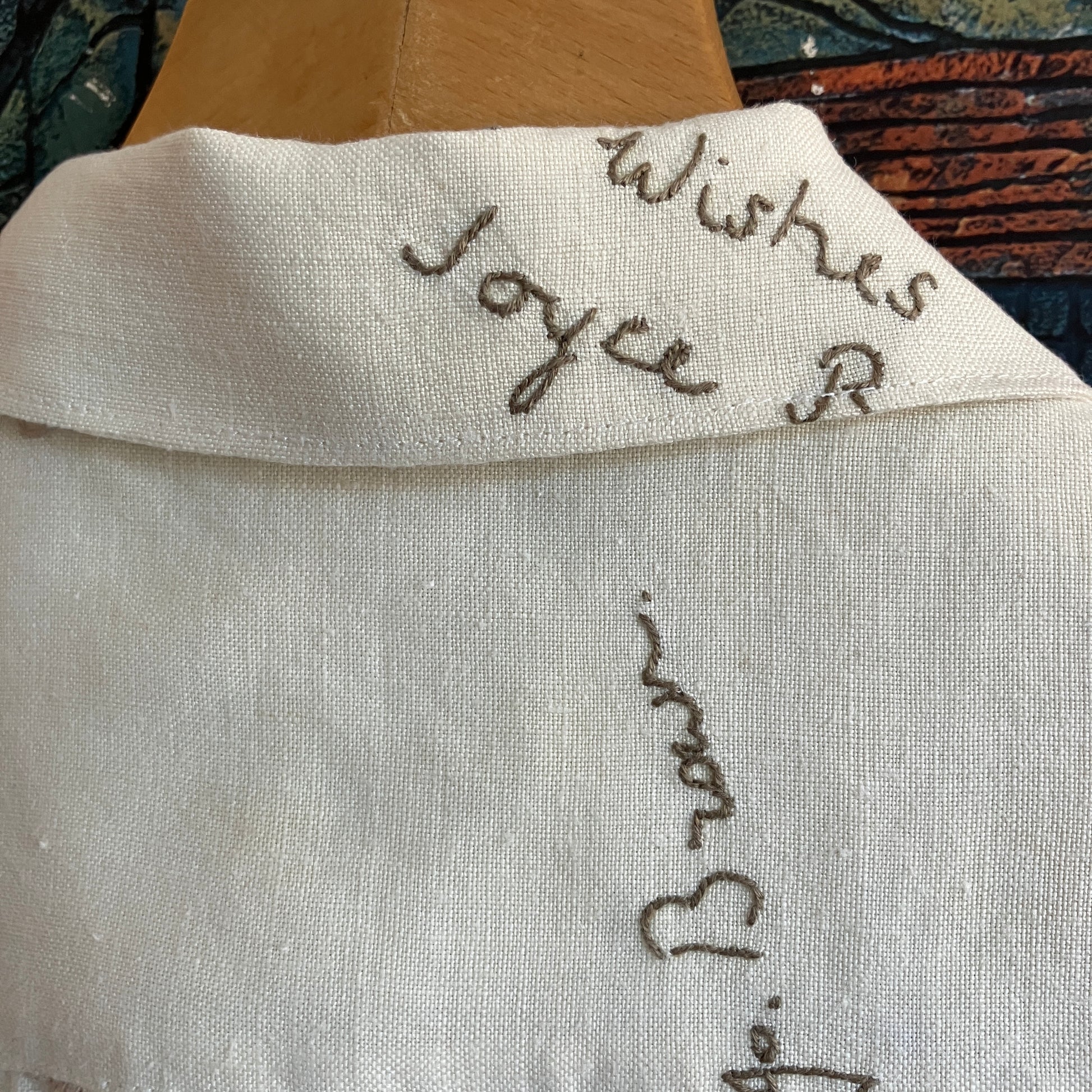 Linen shirt made from a vintage tablecloth hand embroidered with signatures and good luck messages