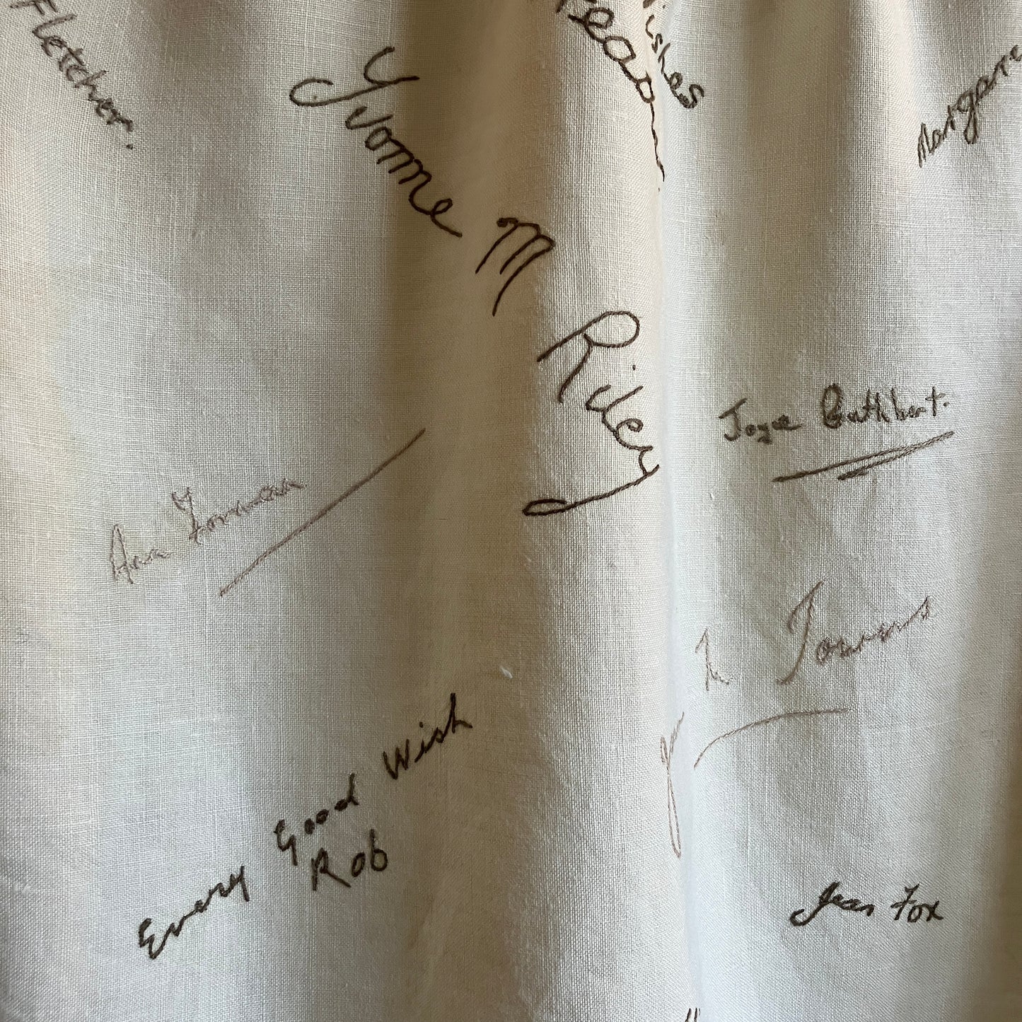 Linen shirt made from a vintage tablecloth hand embroidered with signatures and good luck messages